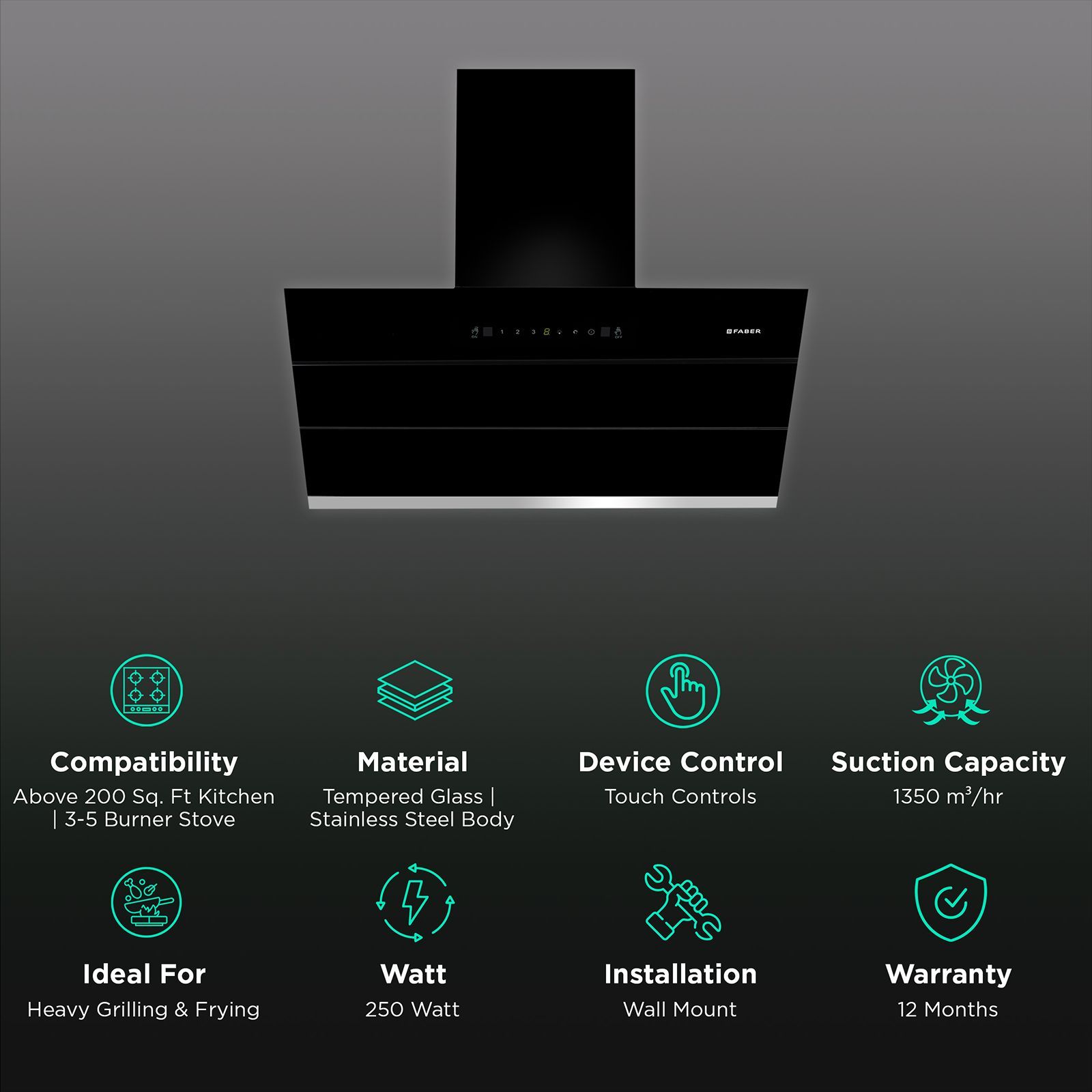 FABER Hood Zenith FL SC AC BK 90cm 1350m3/hr Ducted Auto Clean Wall Mounted Chimney with Touch Control (Black)_3