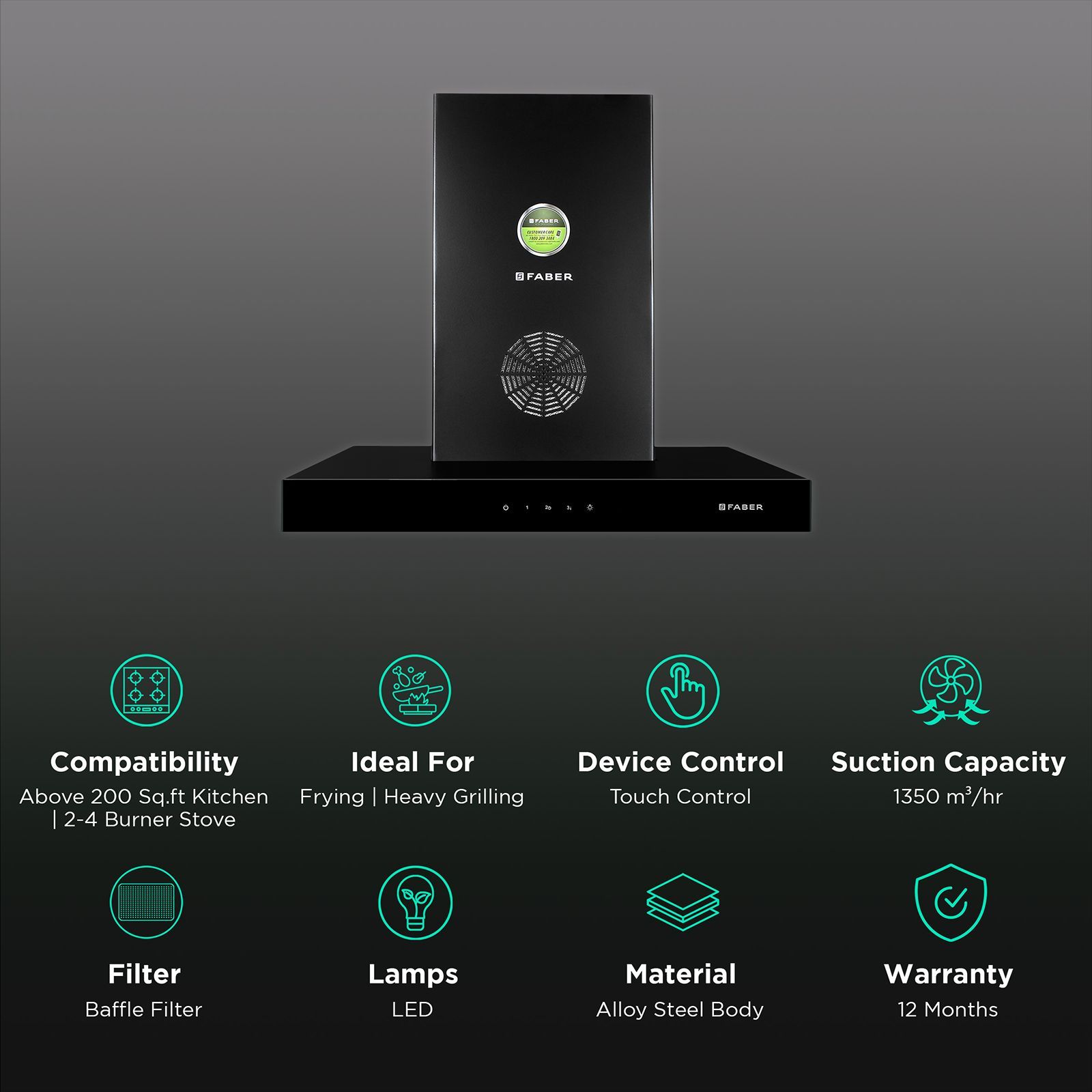 FABER STILUX 3D PLUS MAX T2S2 BK TC 60cm 1350m3/hr Ductless Wall Mounted Chimney with Touch Control Panel (Black)_3