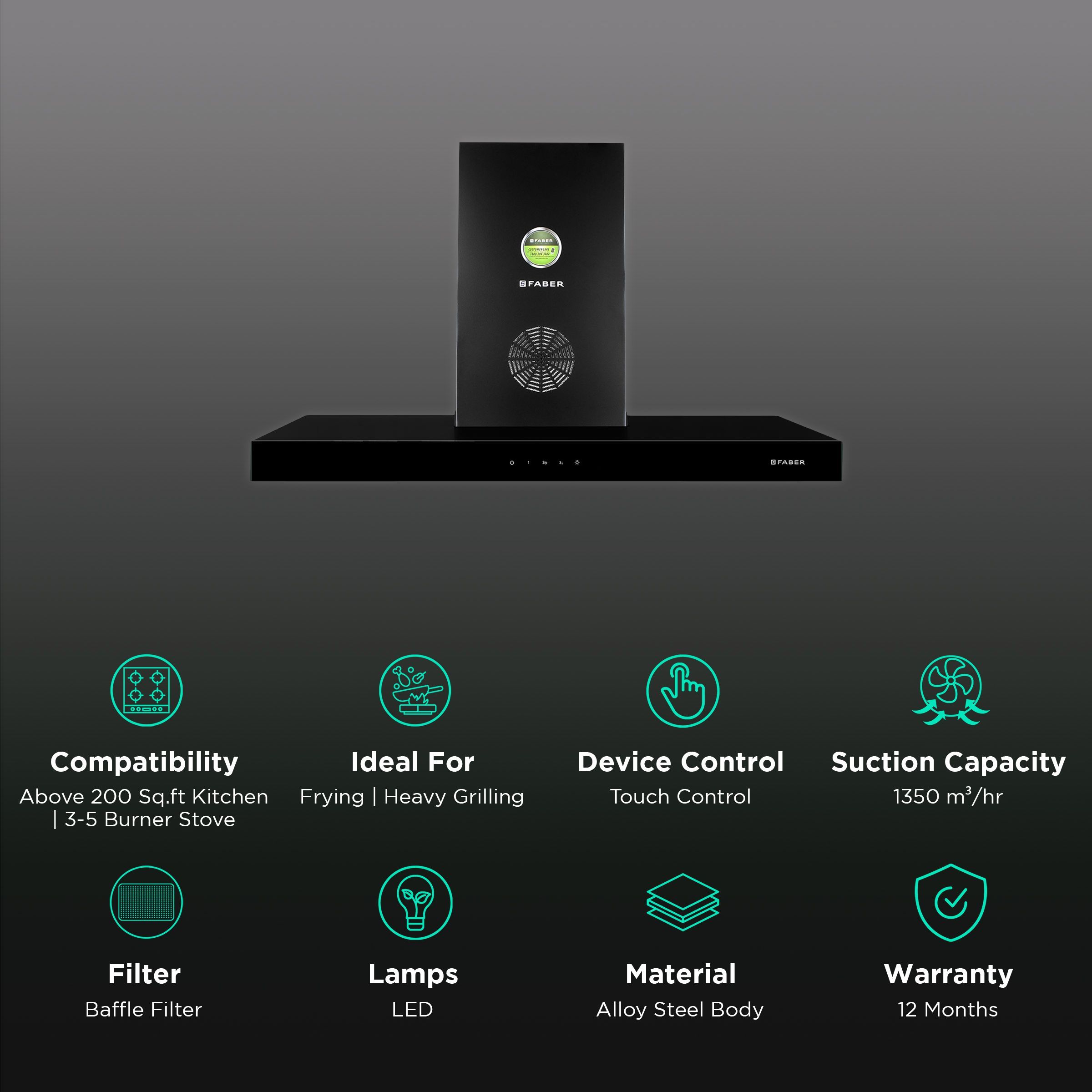 FABER STILUX 3D PLUS MAX T2S2 BK TC 90cm 1350m3/hr Ducted Wall Mounted Chimney with Touch Control Panel (Black)_3