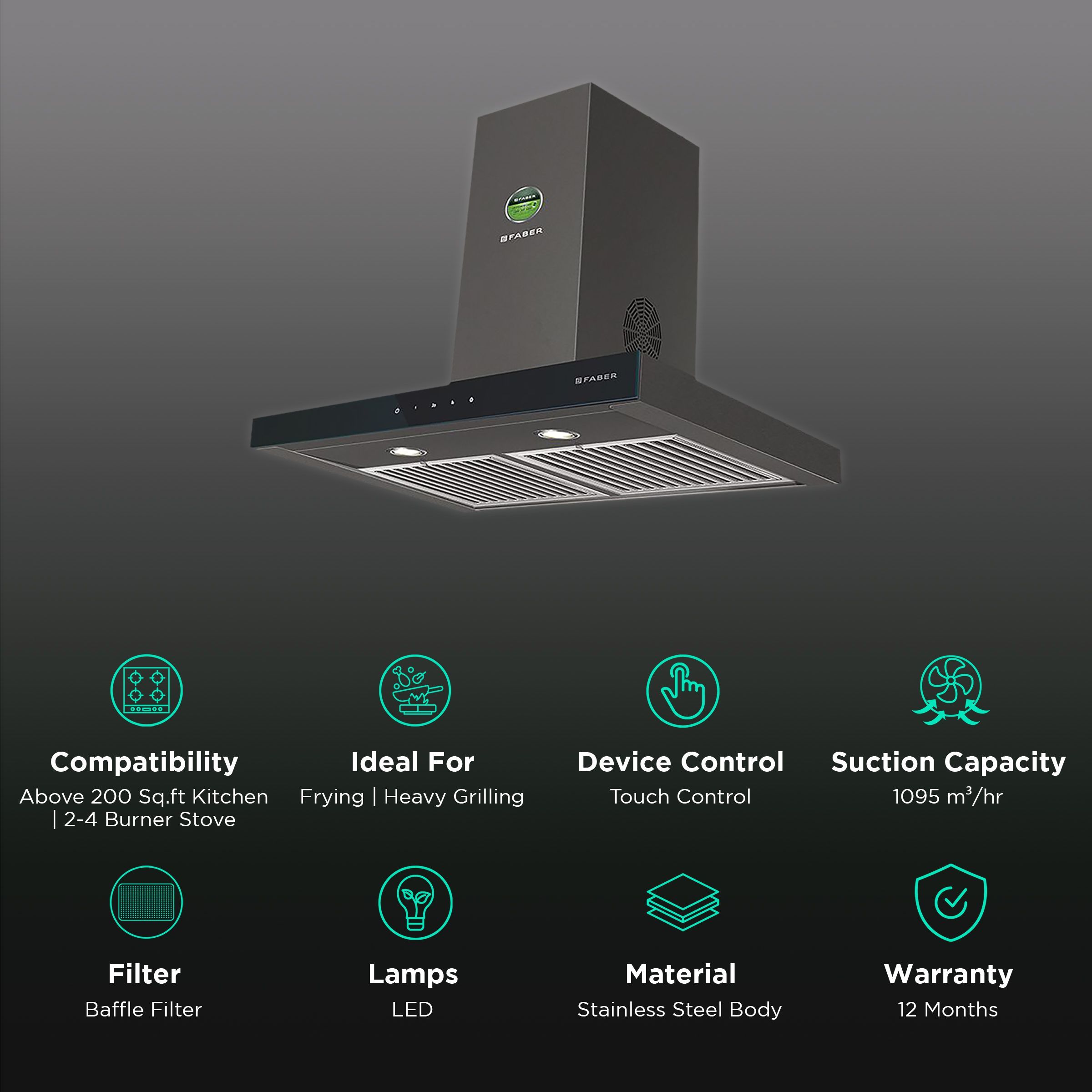 FABER STILUX 3D T2S2 BK TC LTW 60cm 1095m3/hr Ducted Auto Clean Wall Mounted Chimney with Touch Control Panel (Black)_3