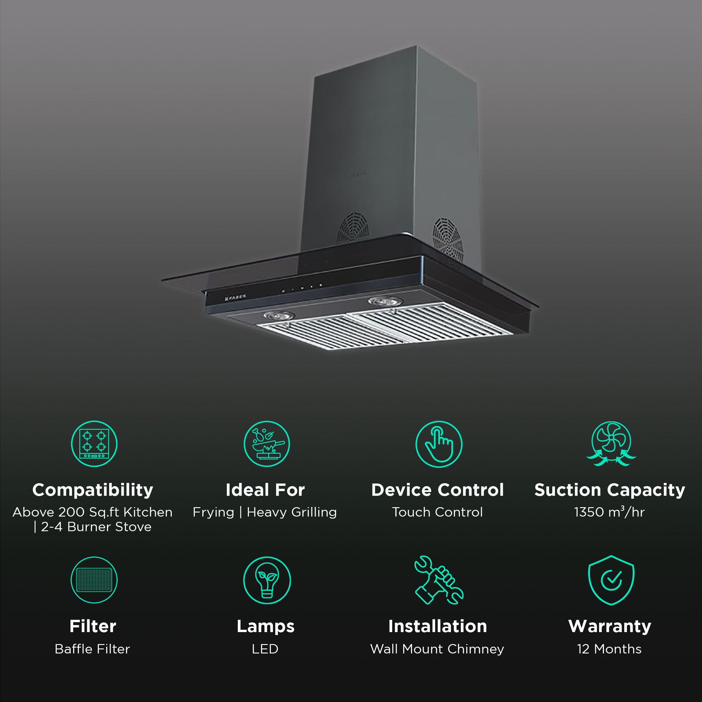 FABER SUPER 3D PLUS MAX T2S2 BK TC 60cm 1350m3/hr Ductless Wall Mounted Chimney with Touch Control Panel (Black)_3
