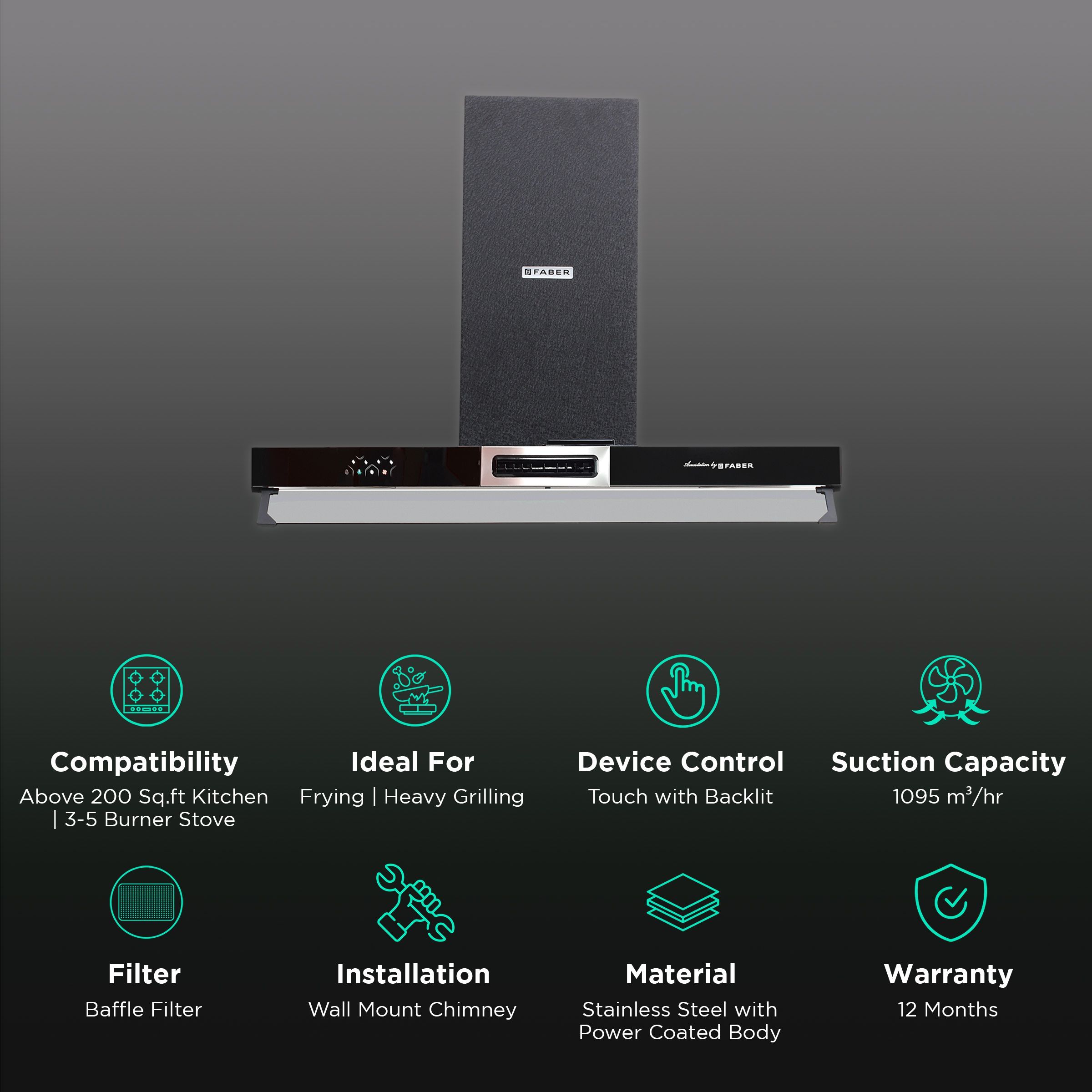 FABER AEROSTATION SPARKLE PRO 3D AB TC 90cm 1095m3/hr Ducted Wall Mounted Chimney with Backlit Touch (Alligator Black)_3