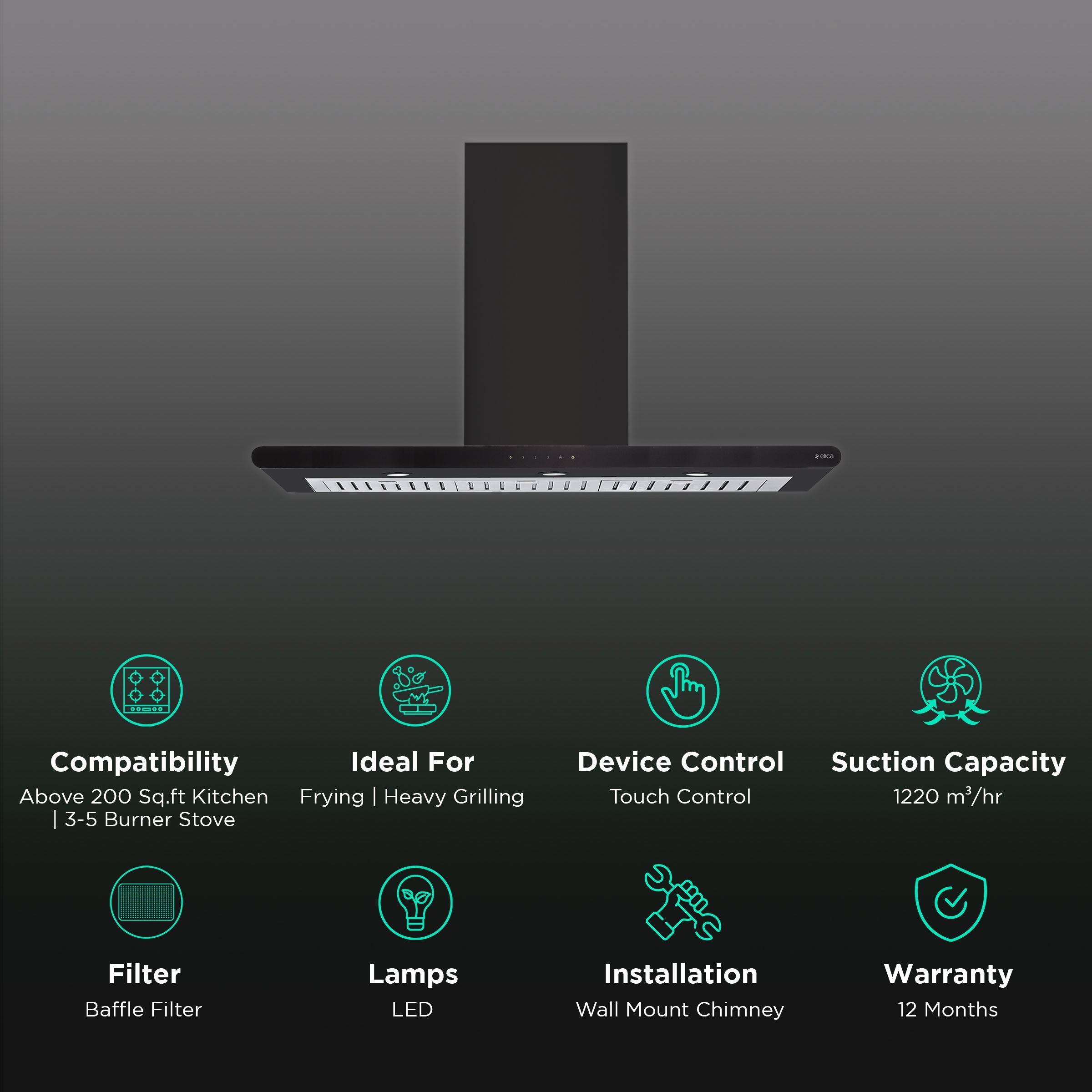 elica GALXY ETB PLUS LTW 90 NERO T4V LED 90cm 1220m3/hr Ducted Wall Mounted Chimney with Touch Control Panel (Black)_3