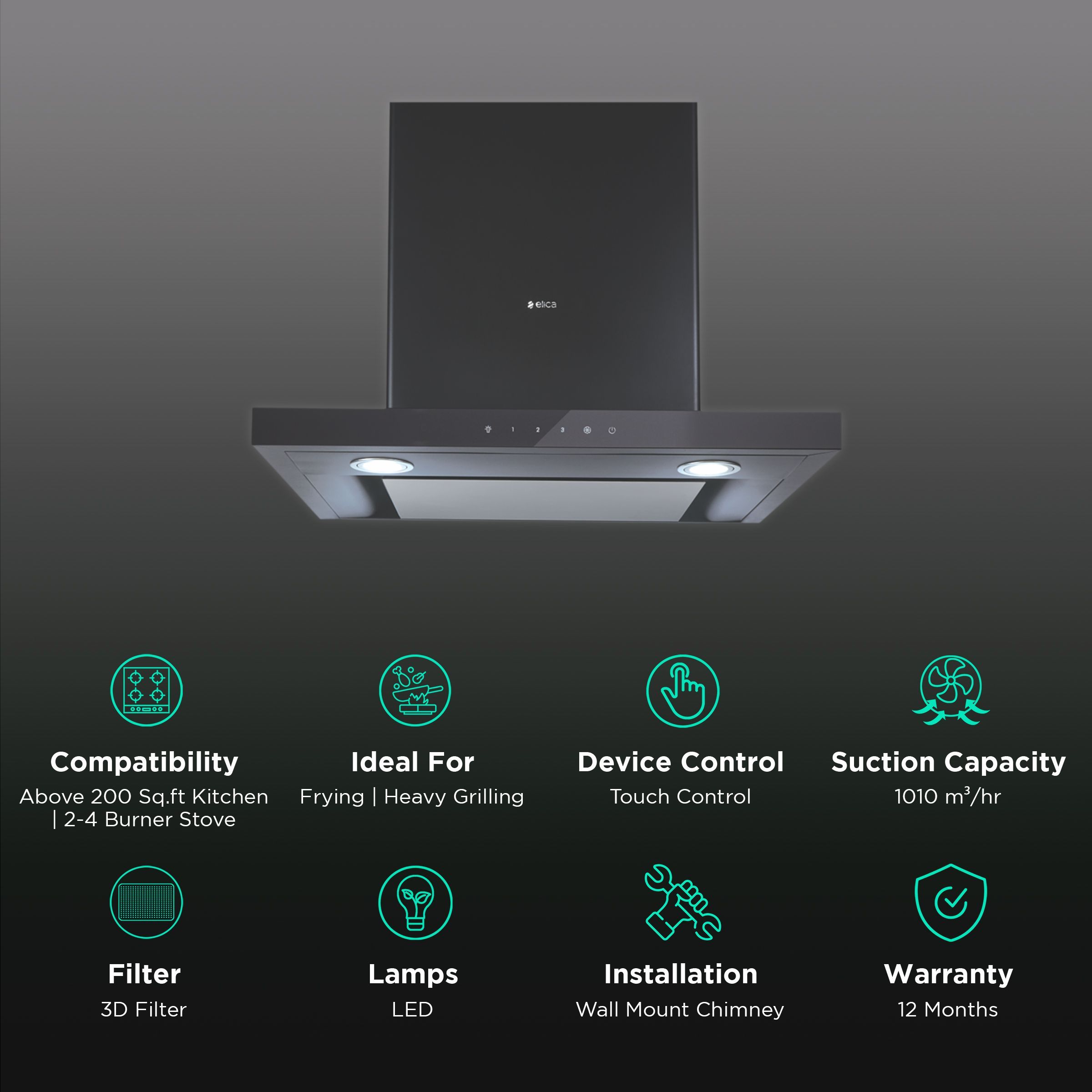 elica SPOT H4 EDS 60 NERO T4V LED 60cm 1010m3/hr Ducted Wall Mounted Chimney with Touch Control (Black)_3