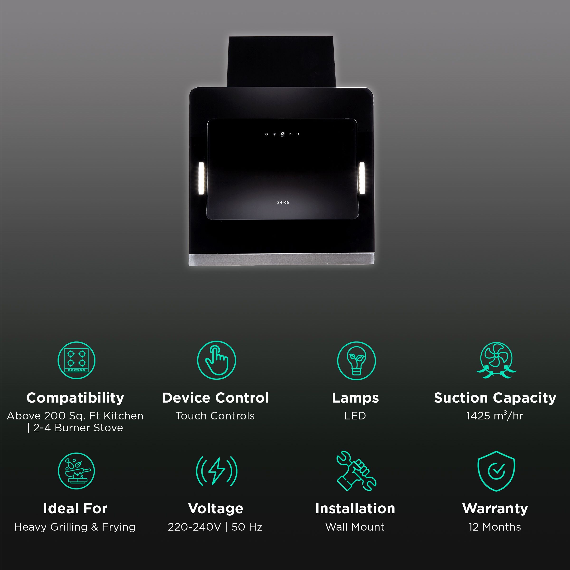 elica EFL GRACEFUL HE LTW 60 BK TC3V LED 60cm 1425m3/hr Ducted Wall Mounted Chimney with Touch Control Panel (Black)_3