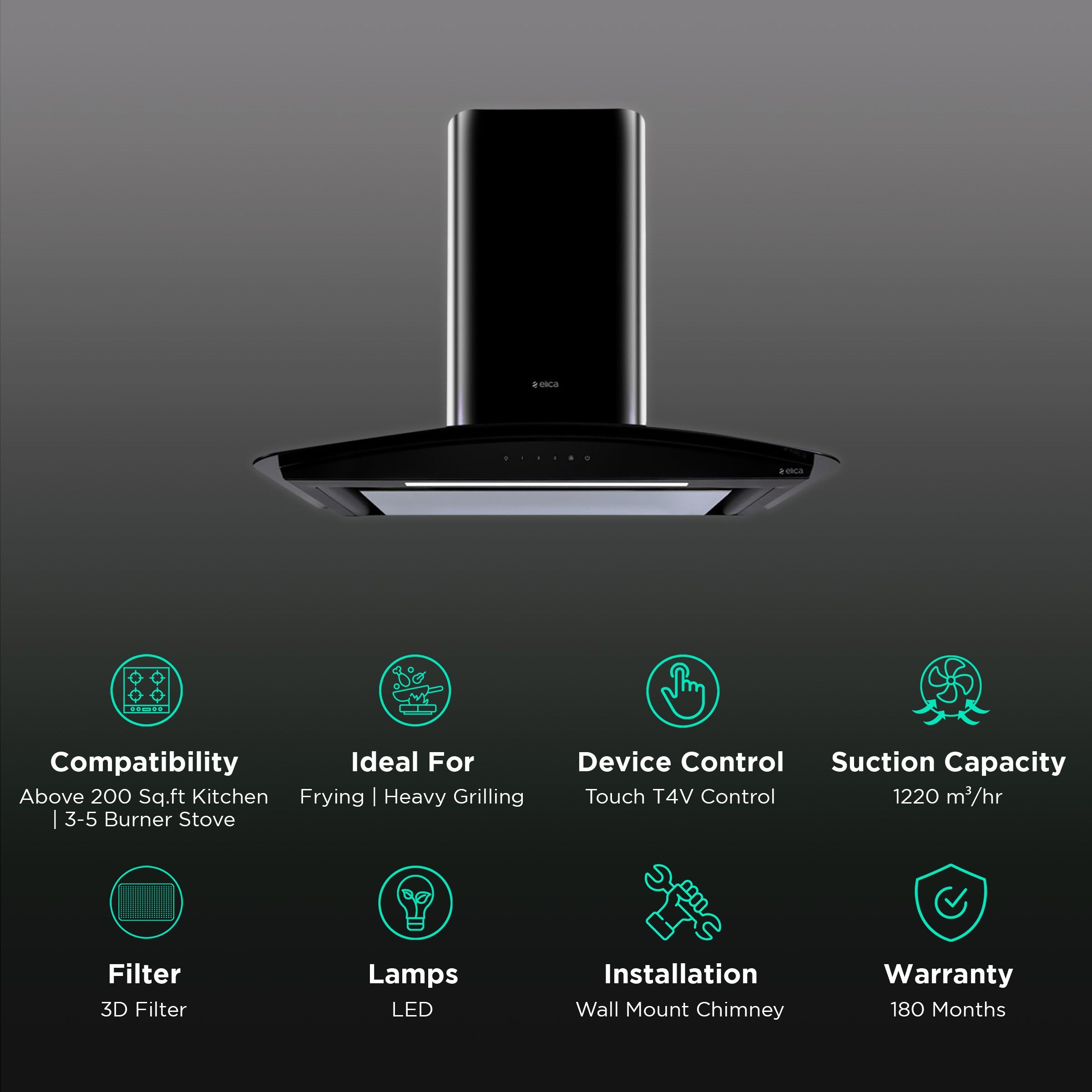 elica GLACE EDS PLUS HE LTW 90 BK NERO T4V LED S 90cm 1220m3/hr Ductless Wall Mounted Chimney with Touch T4V Control (Black)_3