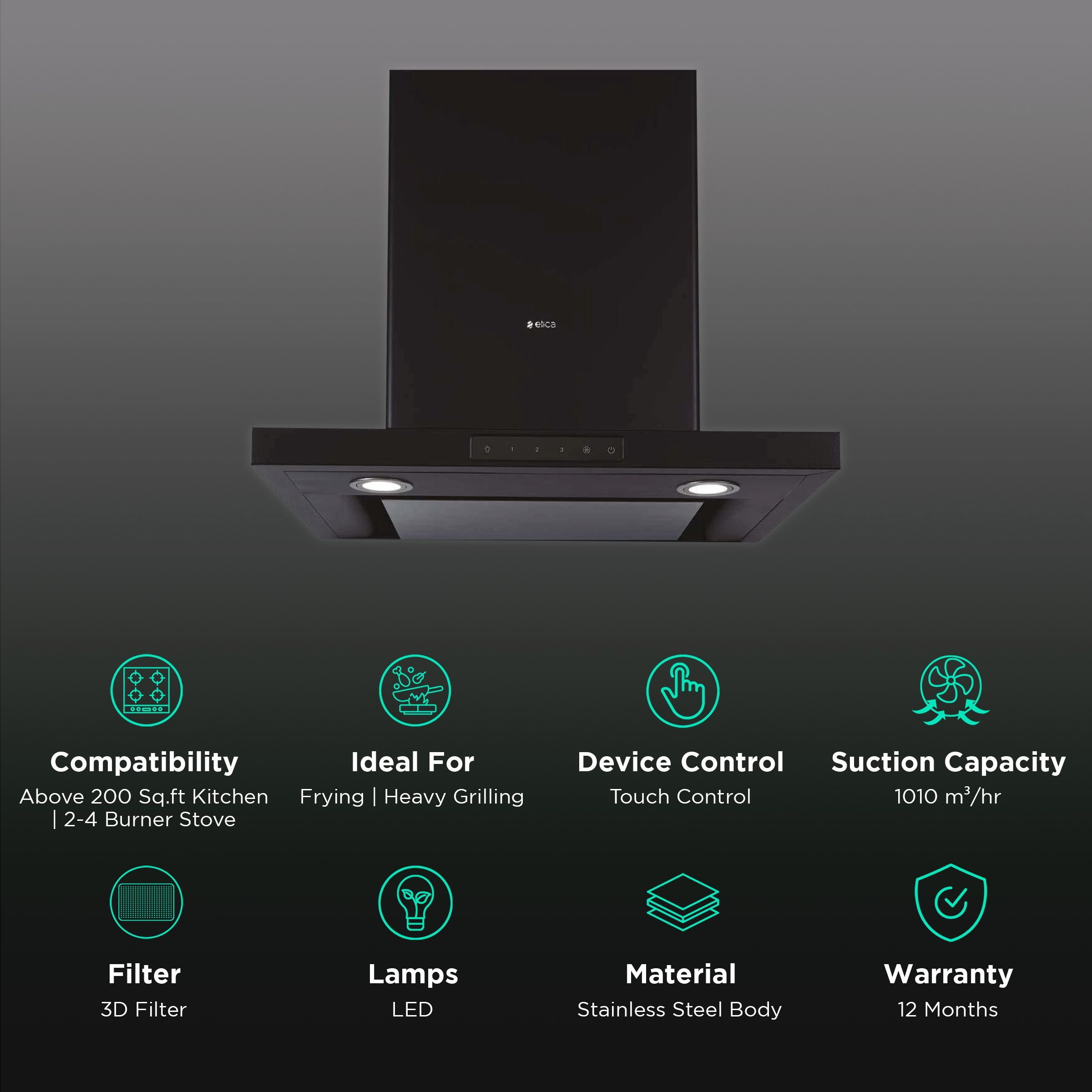 elica SPOT H4 TRIM EDS PLUS LTW 60 NERO T4V LED 60cm 1010m3/hr Ducted Wall Mounted Chimney with Touch Control (Black)_3