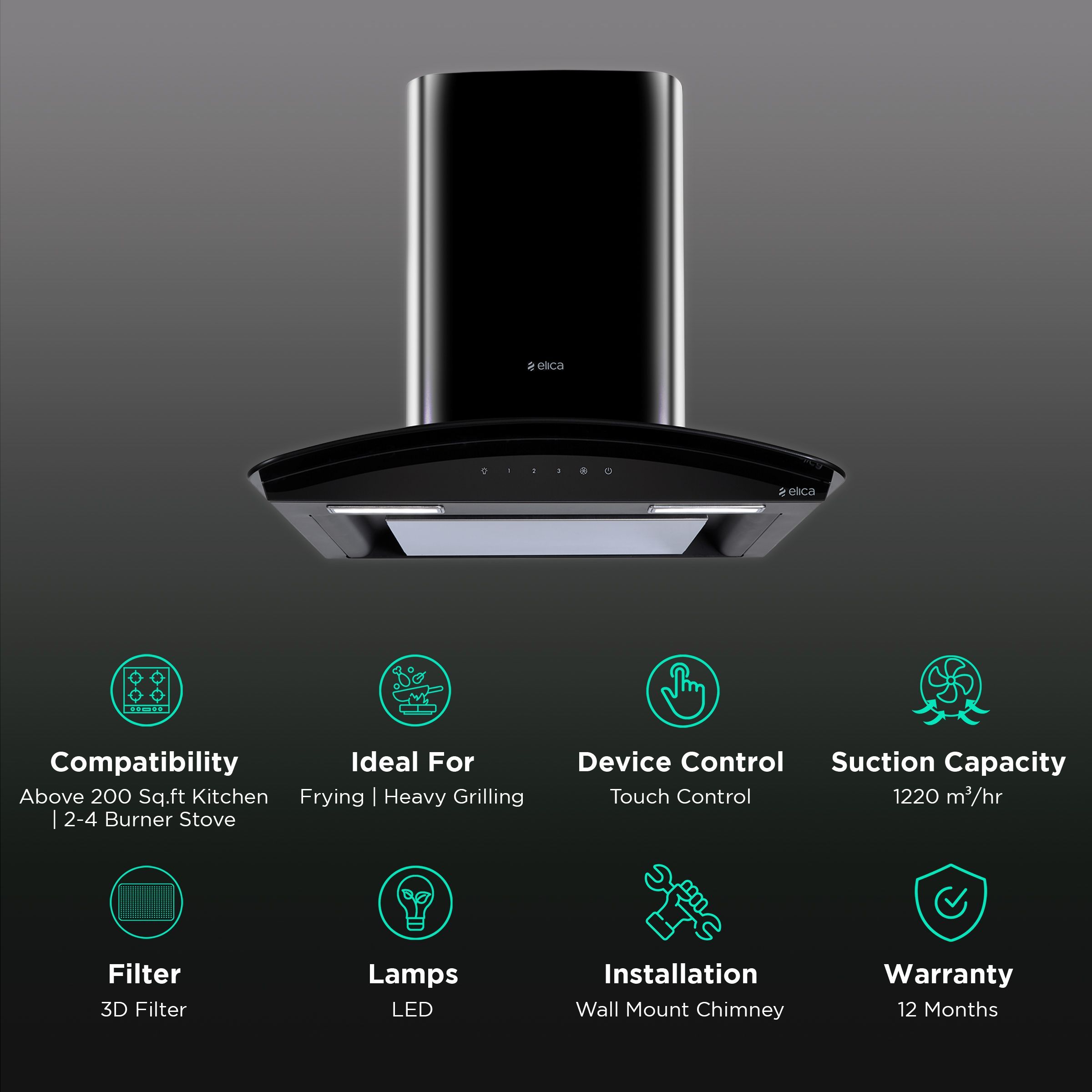 elica GLACE EDS PLUS LTW 60 BK NERO T4V LED 60cm 1220m3/hr Ducted Wall Mounted Chimney with Touch T4V Control (Black)_3