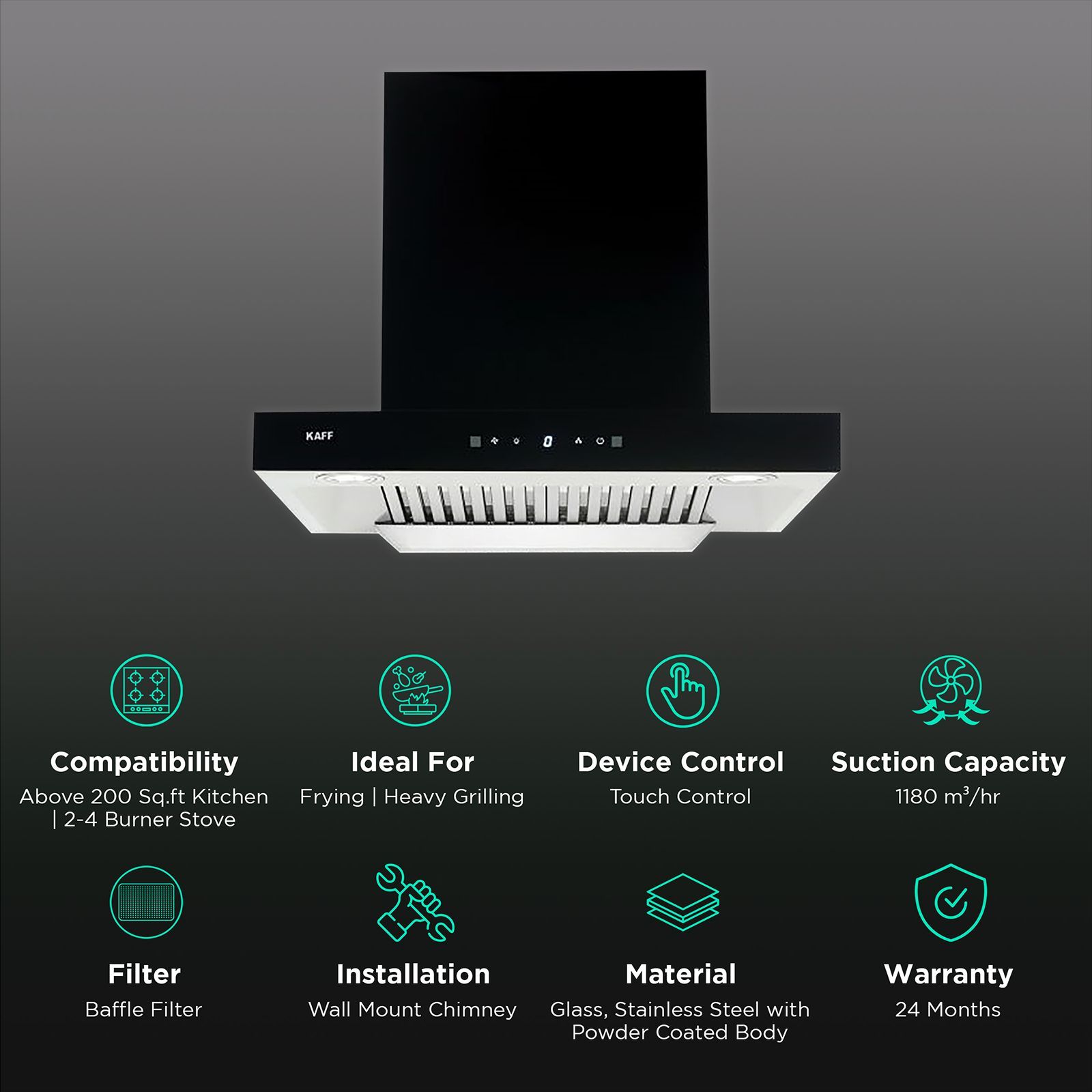 KAFF VITO DHC 60cm 1180m3/hr Ducted Auto Clean Wall Mounted Chimney with Touch Control Panel (Black)_3