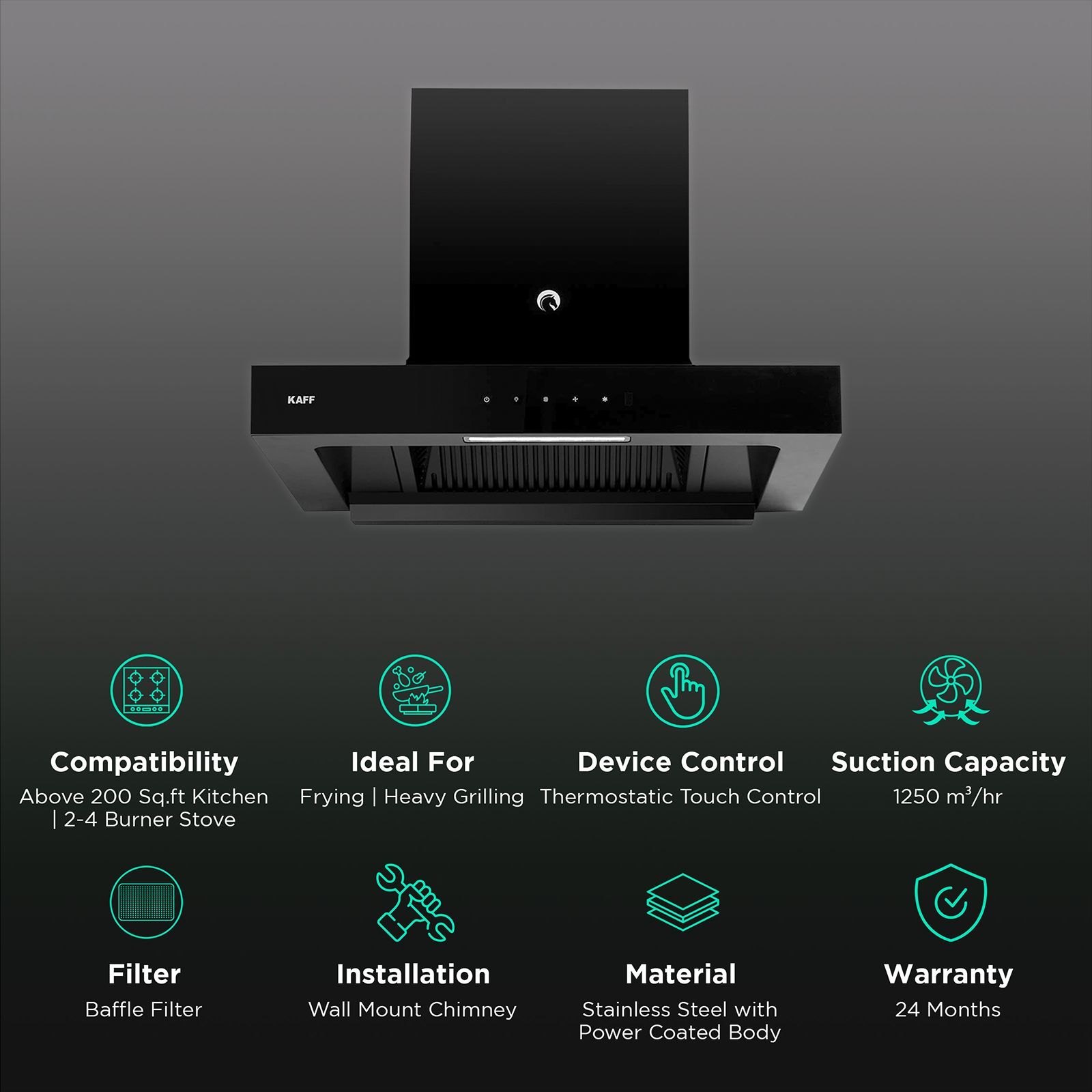 KAFF Casto DHC 60cm 1250m3/hr Ducted Auto Clean Wall Mounted Chimney with Thermostatic Touch Control Panel (Black)_3