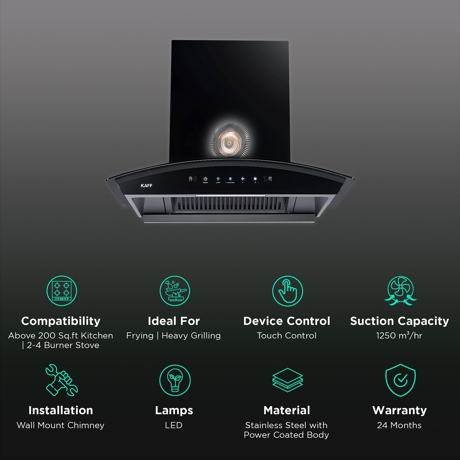 KAFF VASCO DHC 60cm 1250m3/hr Ducted Auto Clean Wall Mounted Chimney with Touch Control Panel (Black)_3