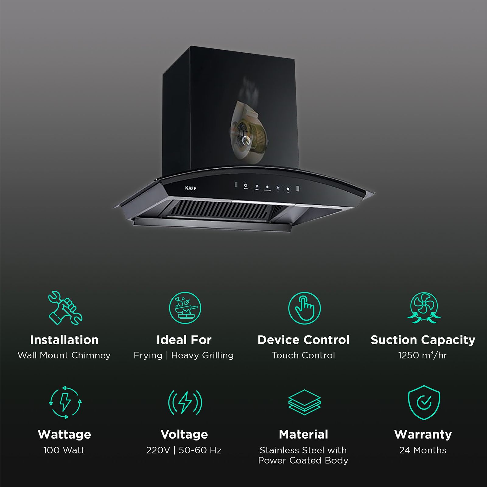 KAFF VASCO DHC 75cm 1250m3/hr Ducted Auto Clean Wall Mounted Chimney with Touch Control Panel (Black)_3