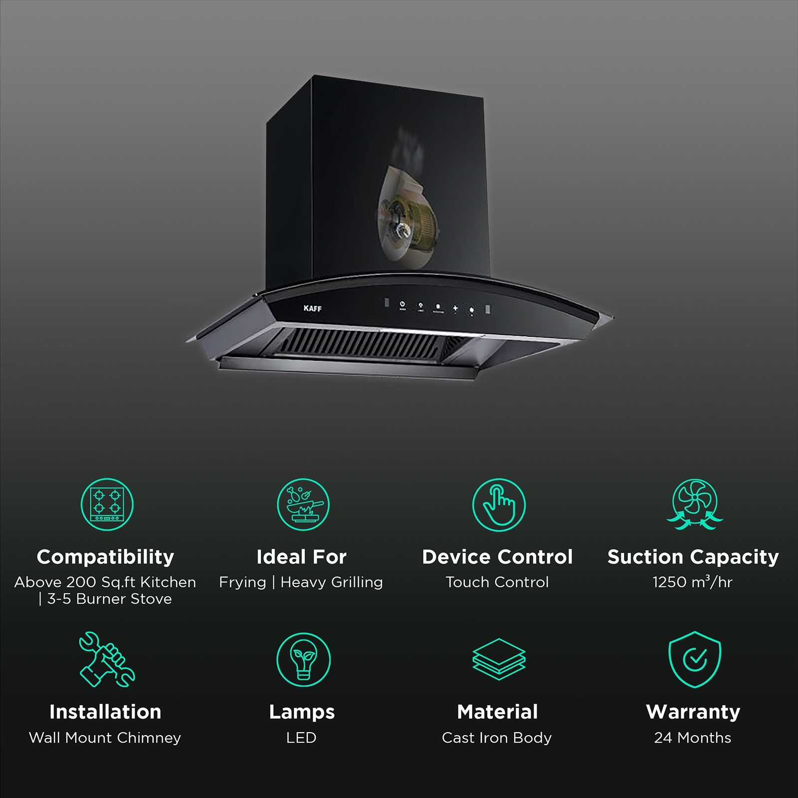 KAFF VASCO DHC 90cm 1250m3/hr Ducted Auto Clean Wall Mounted Chimney with 3 Speed Gesture Motion (Black)_3