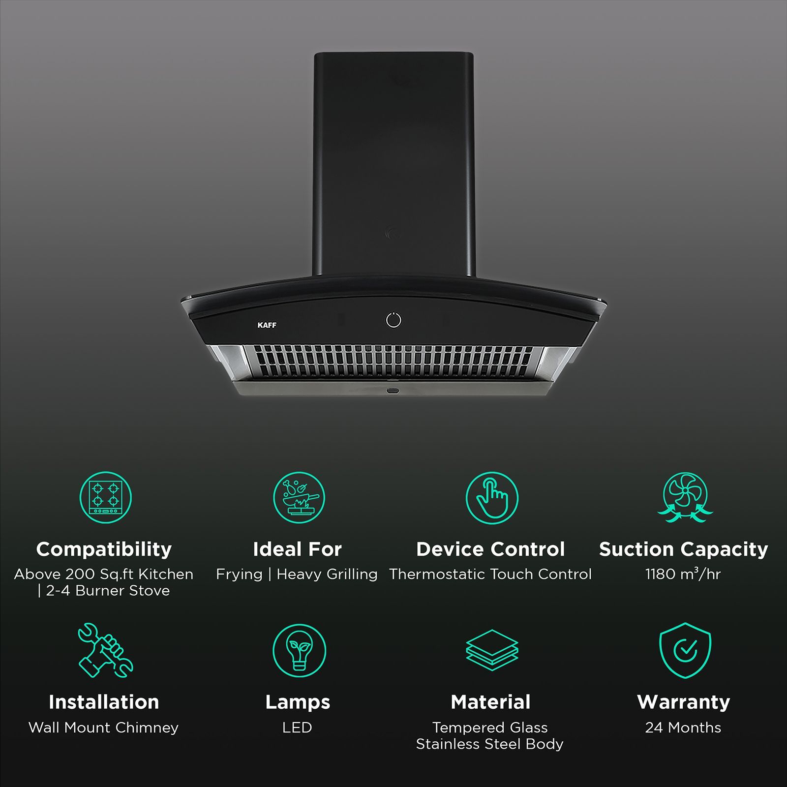 KAFF ROVER DHC 60cm 1180m3/hr Ducted Auto Clean Wall Mounted Chimney with Thermostatic Touch Control Panel (Black)_3