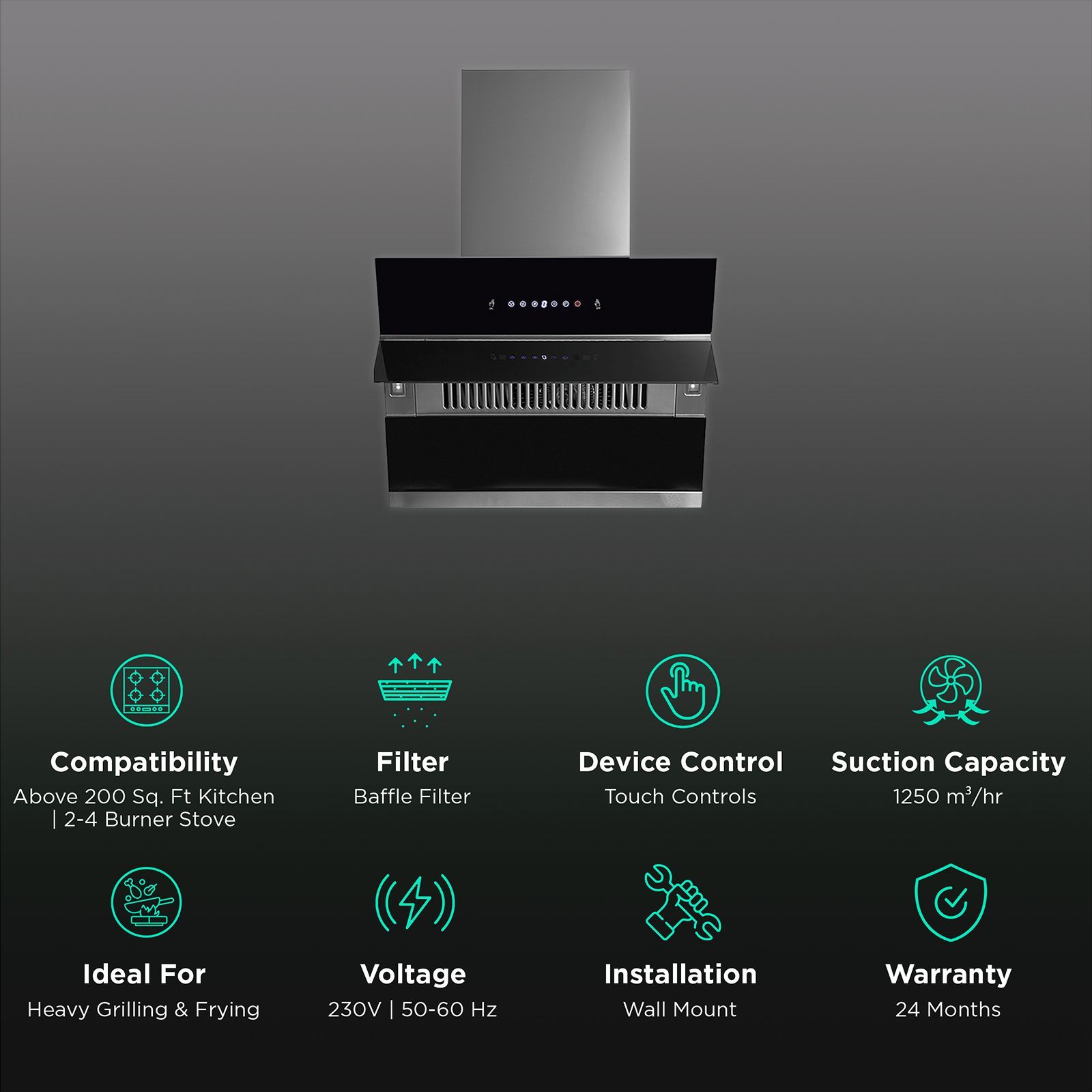 KAFF NOBELO TX DHC 60cm 1250m3/hr Ducted Auto Clean Wall Mounted Chimney with Touch Control Panel (Black)_3