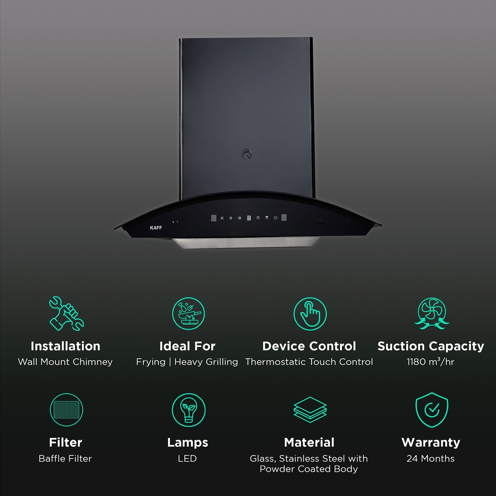 KAFF PRIMA TX DHC 75cm 1180m3/hr Ducted Auto Clean Wall Mounted Chimney with Thermostatic Touch Control Panel (Black) KAFF PRIMA TX DHC 75cm 1180m3/hr Ducted Auto Clean Wall Mounted Chimney with Thermostatic Touch Control Panel (Black)_3