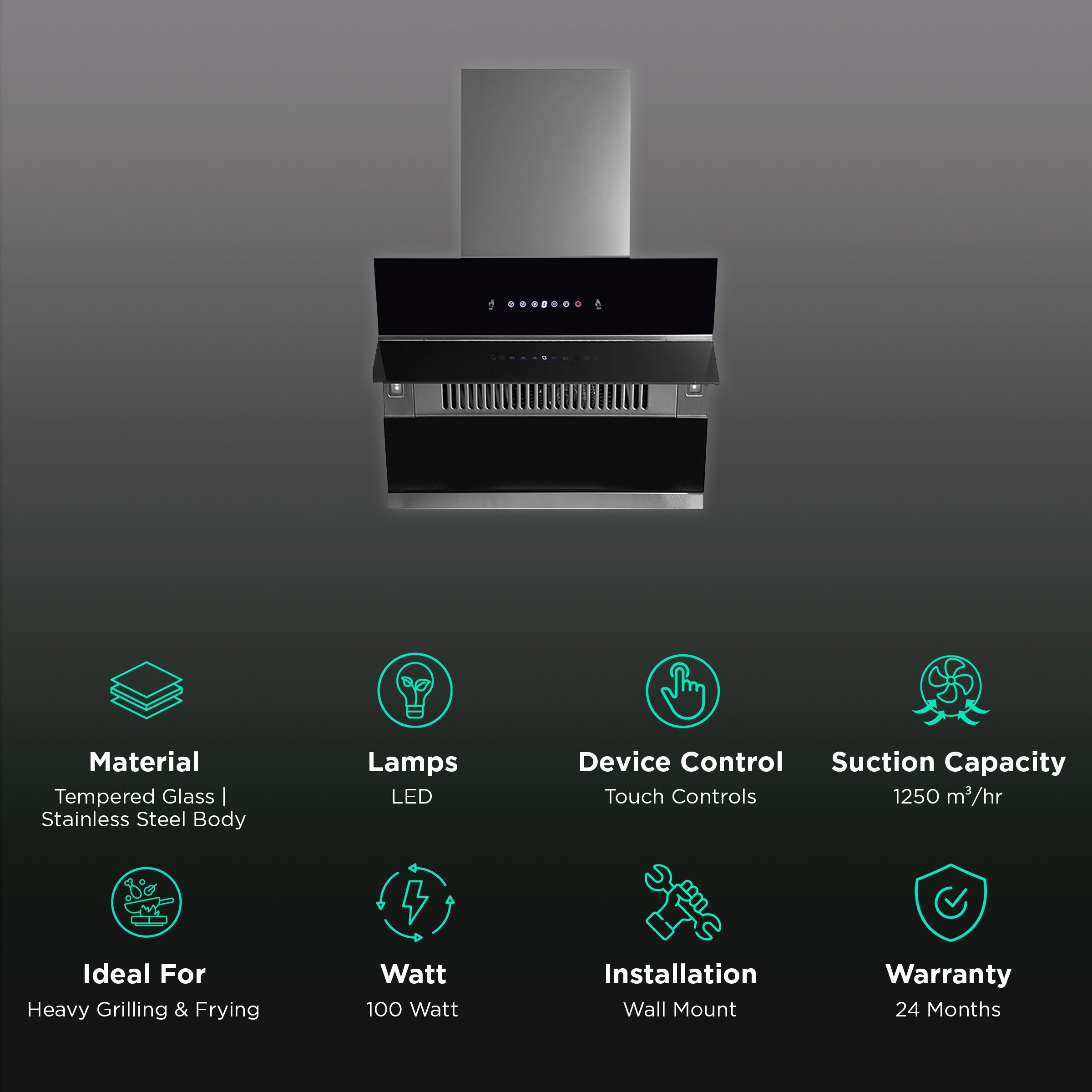 KAFF NOBELO TX DHC 75cm 1250m3/hr Ducted Auto Clean Wall Mounted Chimney with 3 Speed Gesture Control (Black)_3