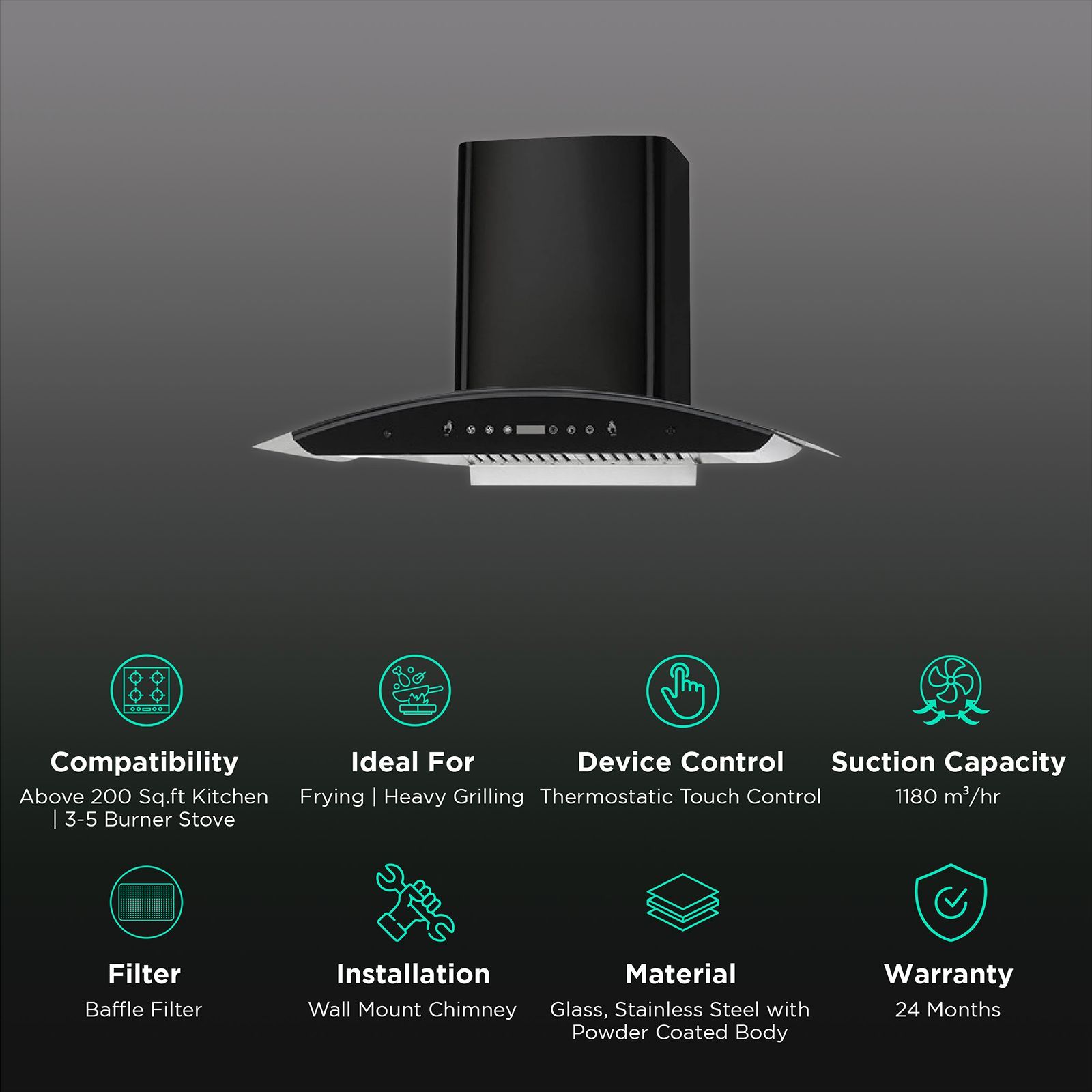 KAFF PRIMA TX DHC 90cm 1180m3/hr Ducted Auto Clean Wall Mounted Chimney with Thermostatic Touch Control Panel (Black)_3