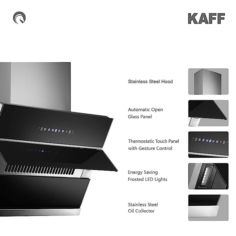 KAFF NOBELO TX DHC 90cm 1340m3/hr Ducted Auto Clean Wall Mounted Chimney with Touch Control Panel (Black)_9