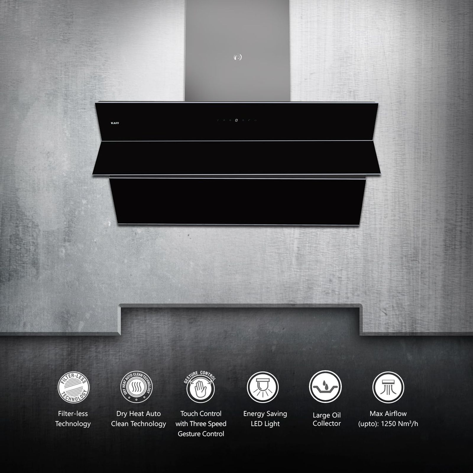 KAFF NOBELO TX DHC 90cm 1340m3/hr Ducted Auto Clean Wall Mounted Chimney with Touch Control Panel (Black)_15