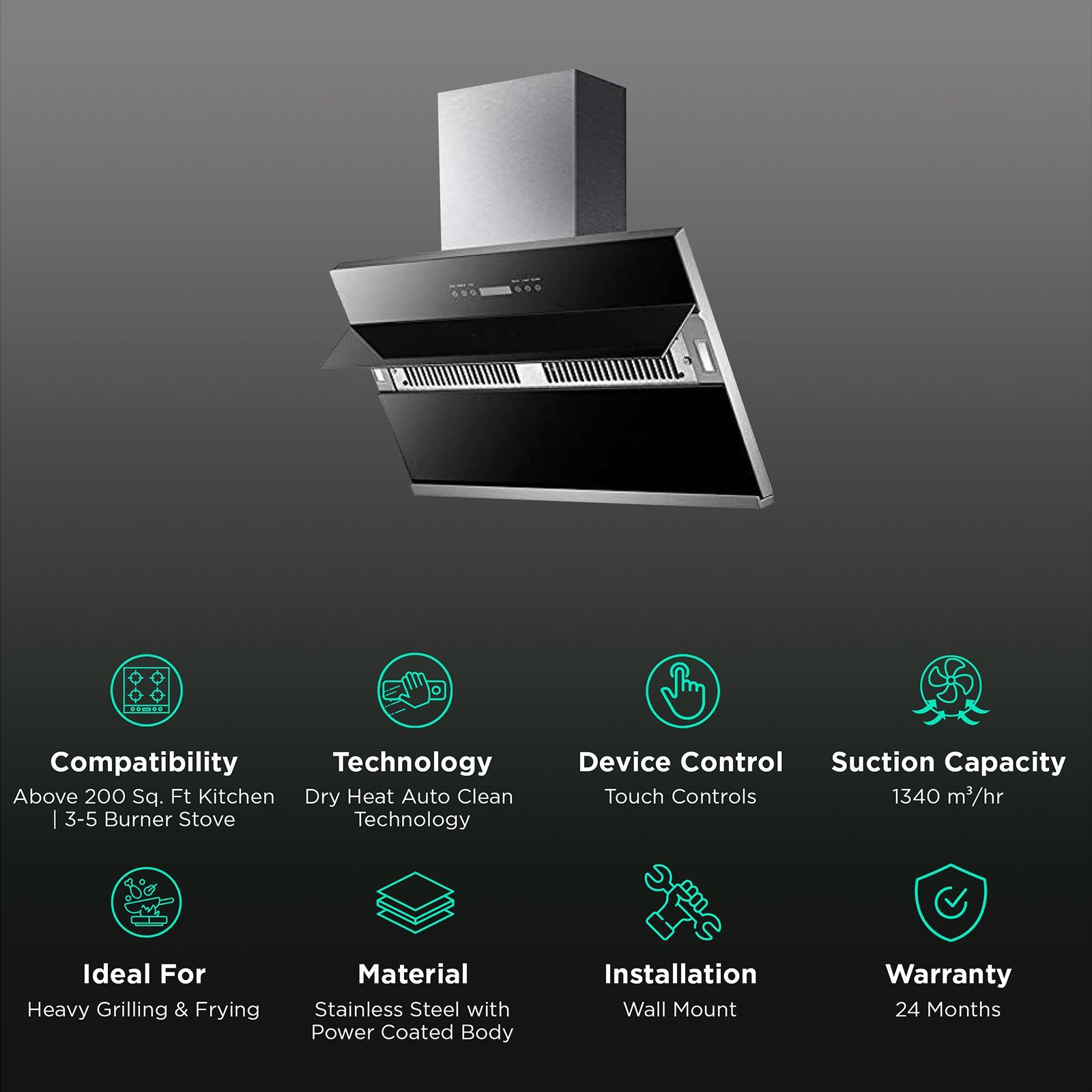 KAFF NOBELO TX DHC 90cm 1340m3/hr Ducted Auto Clean Wall Mounted Chimney with Touch Control Panel (Black)_3