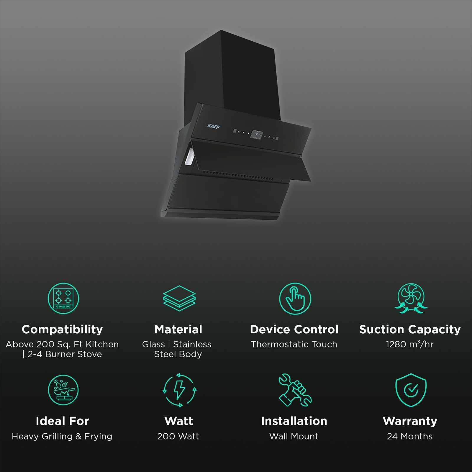 KAFF ALBURY DHC 60cm 1280m3/hr Ducted Auto Clean Wall Mounted Chimney with Thermostatic Touch Control Panel (Black)_3