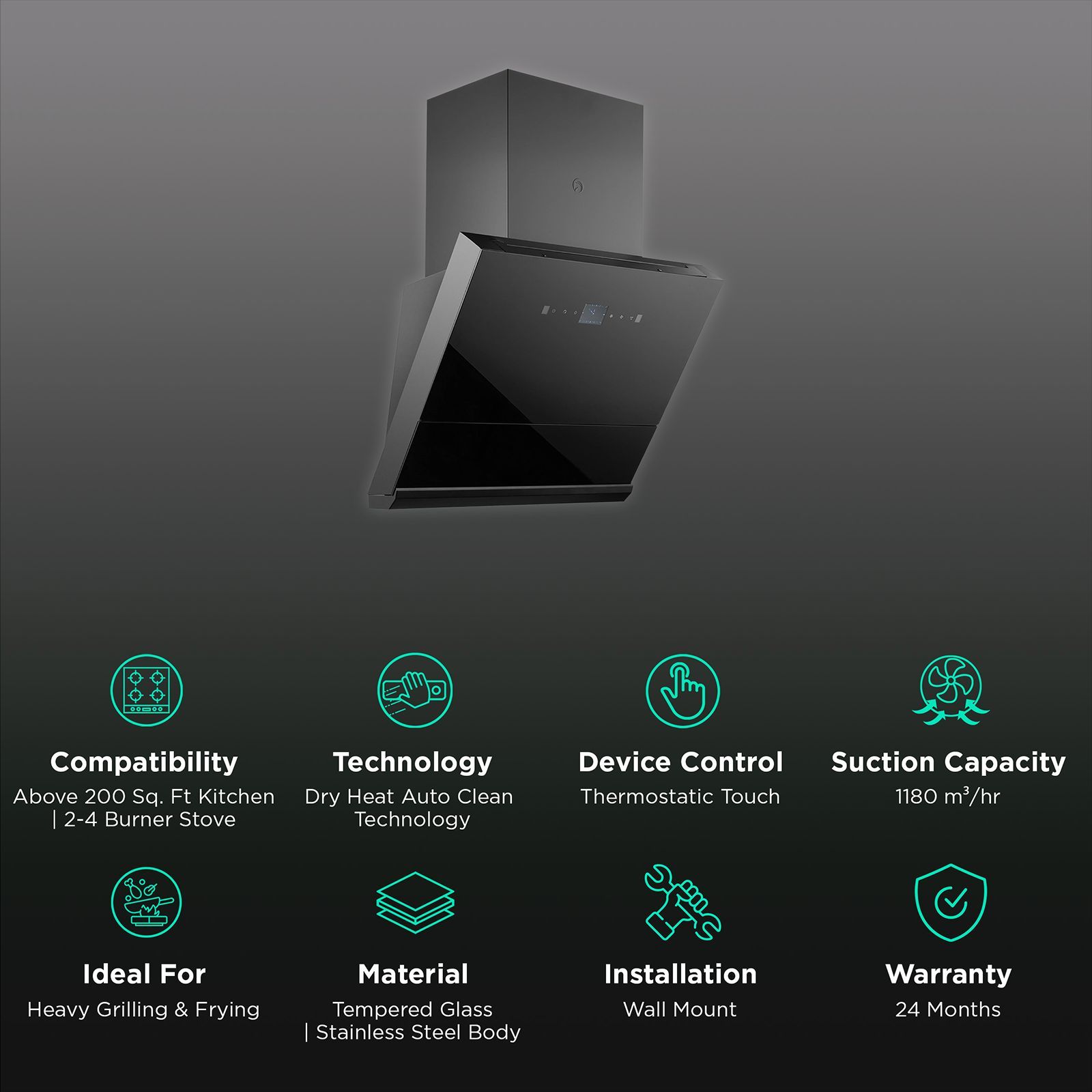 KAFF HAWK DHC 60cm 1180m3/hr Ducted Auto Clean Wall Mounted Chimney with Thermostatic Touch Control Panel (Black)_3