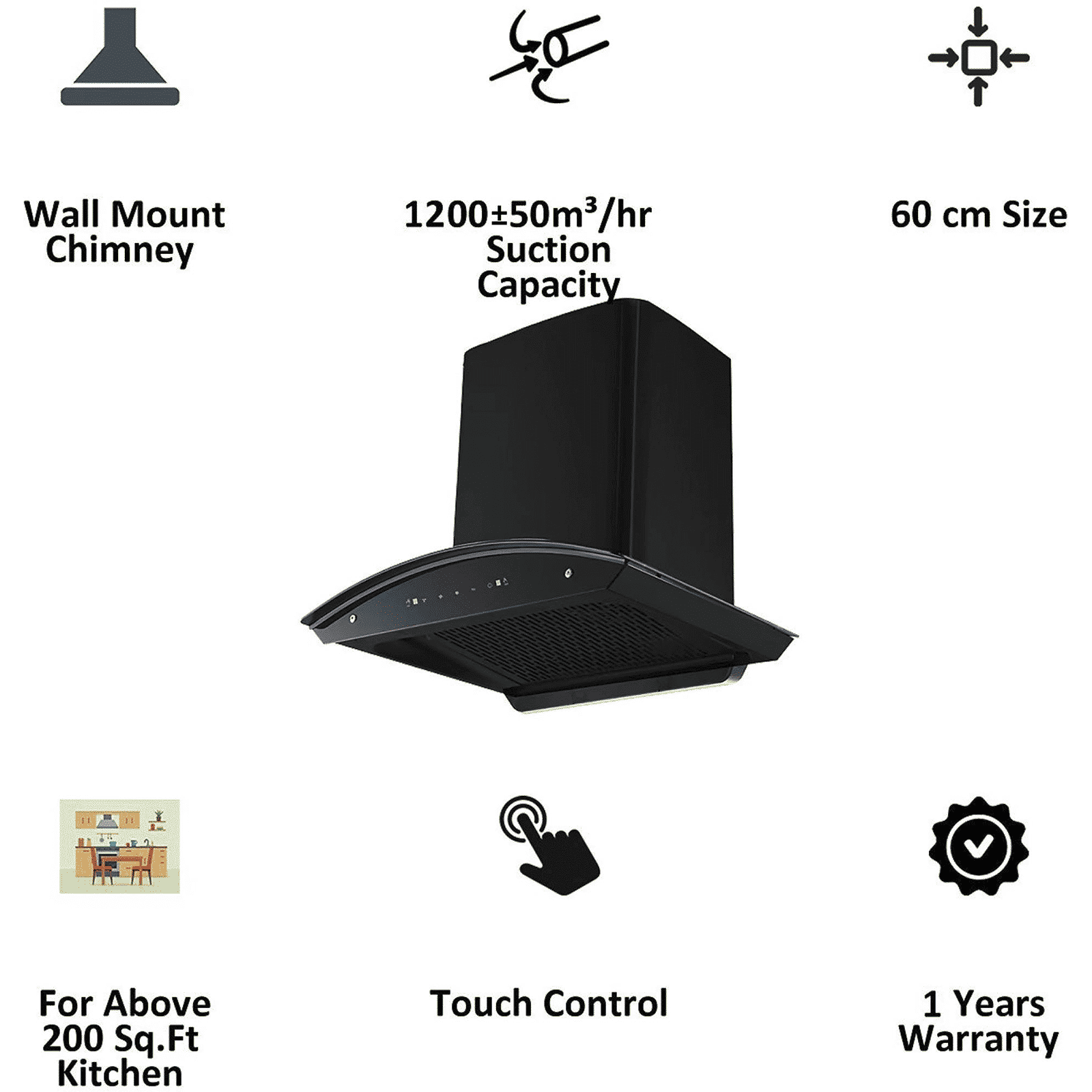 Kutchina Romania 60cm 1250m3/hr Ductless Auto Clean Wall Mounted Chimney with Wave Sensor (Black)_7