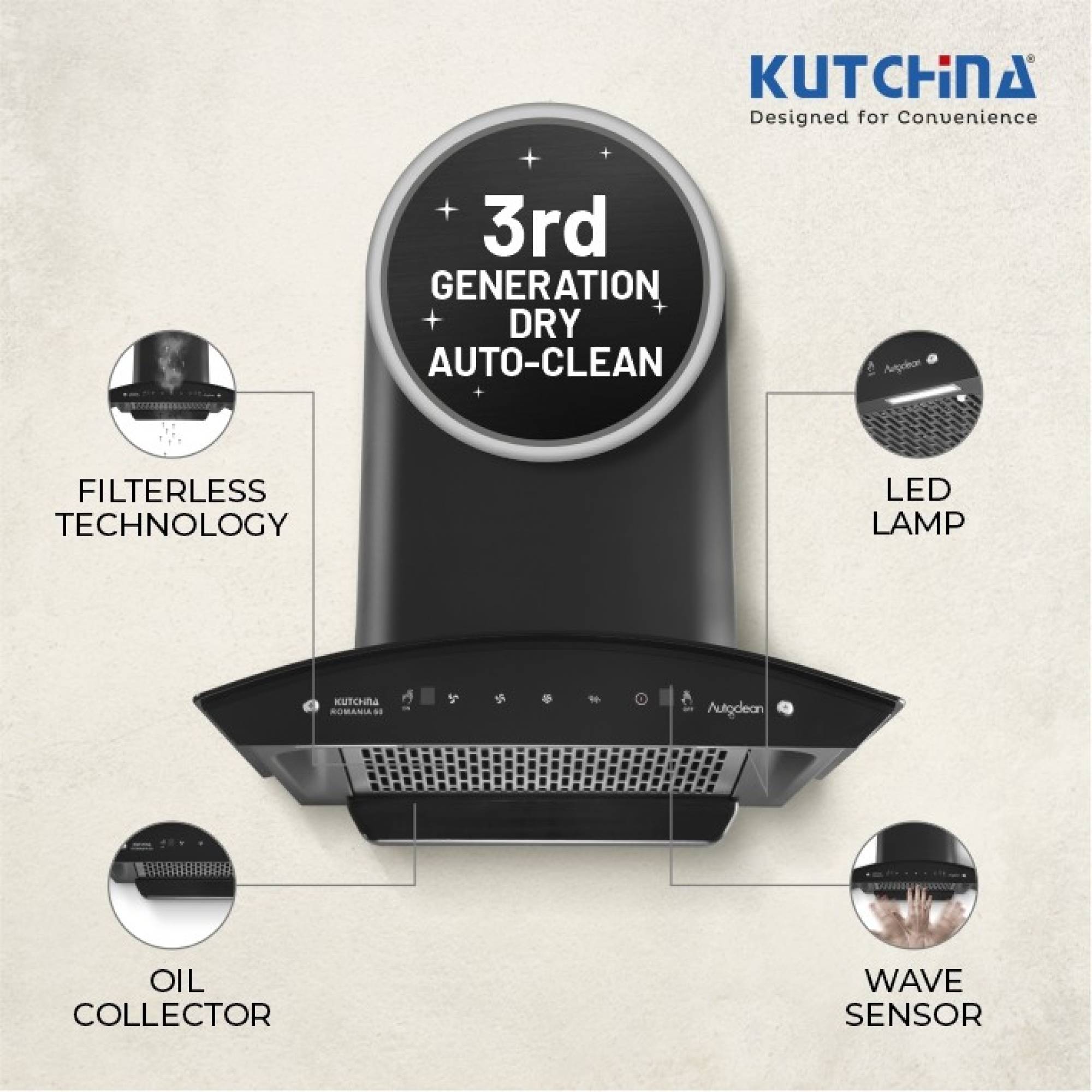 Kutchina Romania 60cm 1250m3/hr Ductless Auto Clean Wall Mounted Chimney with Wave Sensor (Black)_5