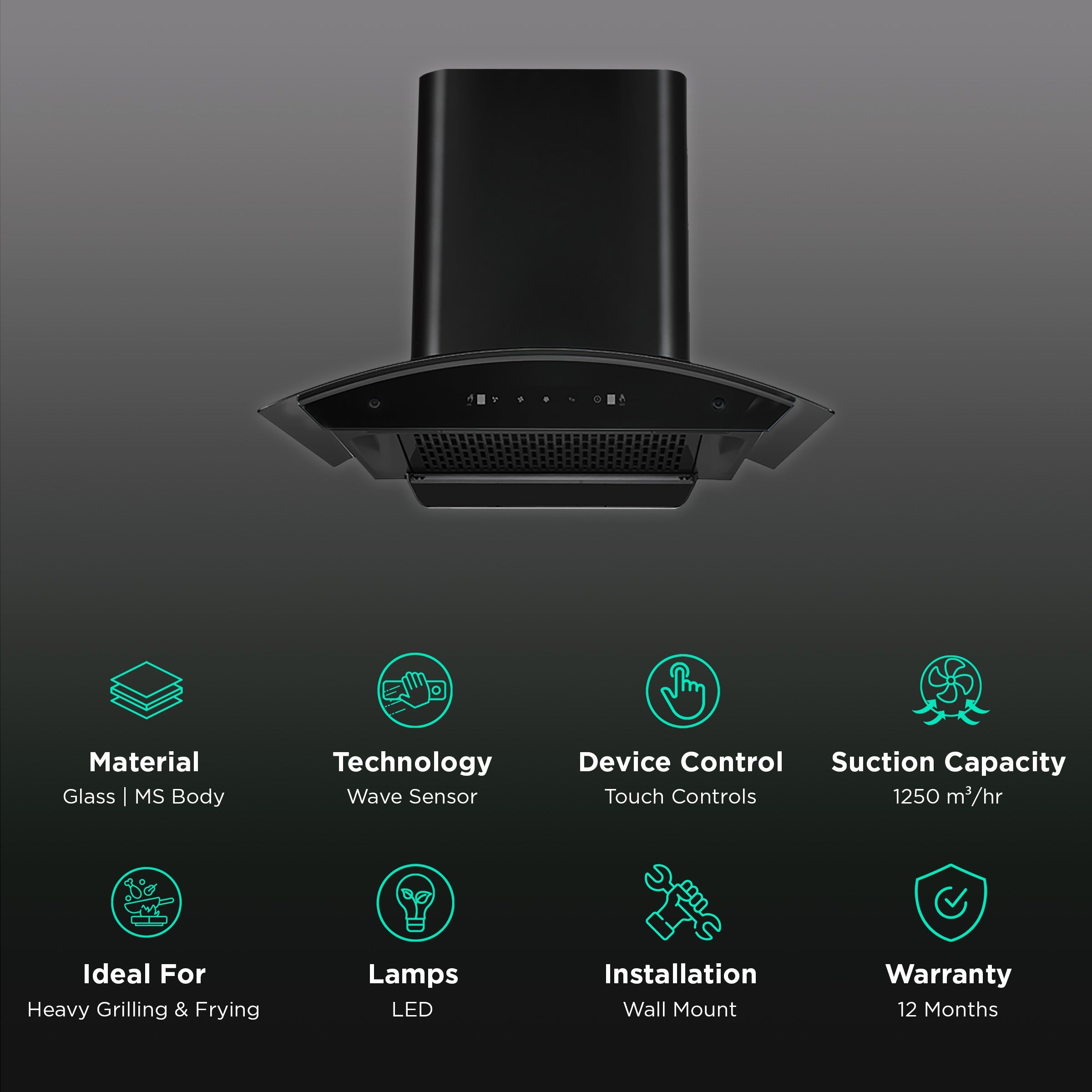Kutchina Romania 75cm 1250m3/hr Ducted Auto Clean Wall Mounted Chimney with Wave Sensor (Black) Kutchina Romania 75cm 1250m3/hr Ducted Auto Clean Wall Mounted Chimney with Wave Sensor (Black)_3