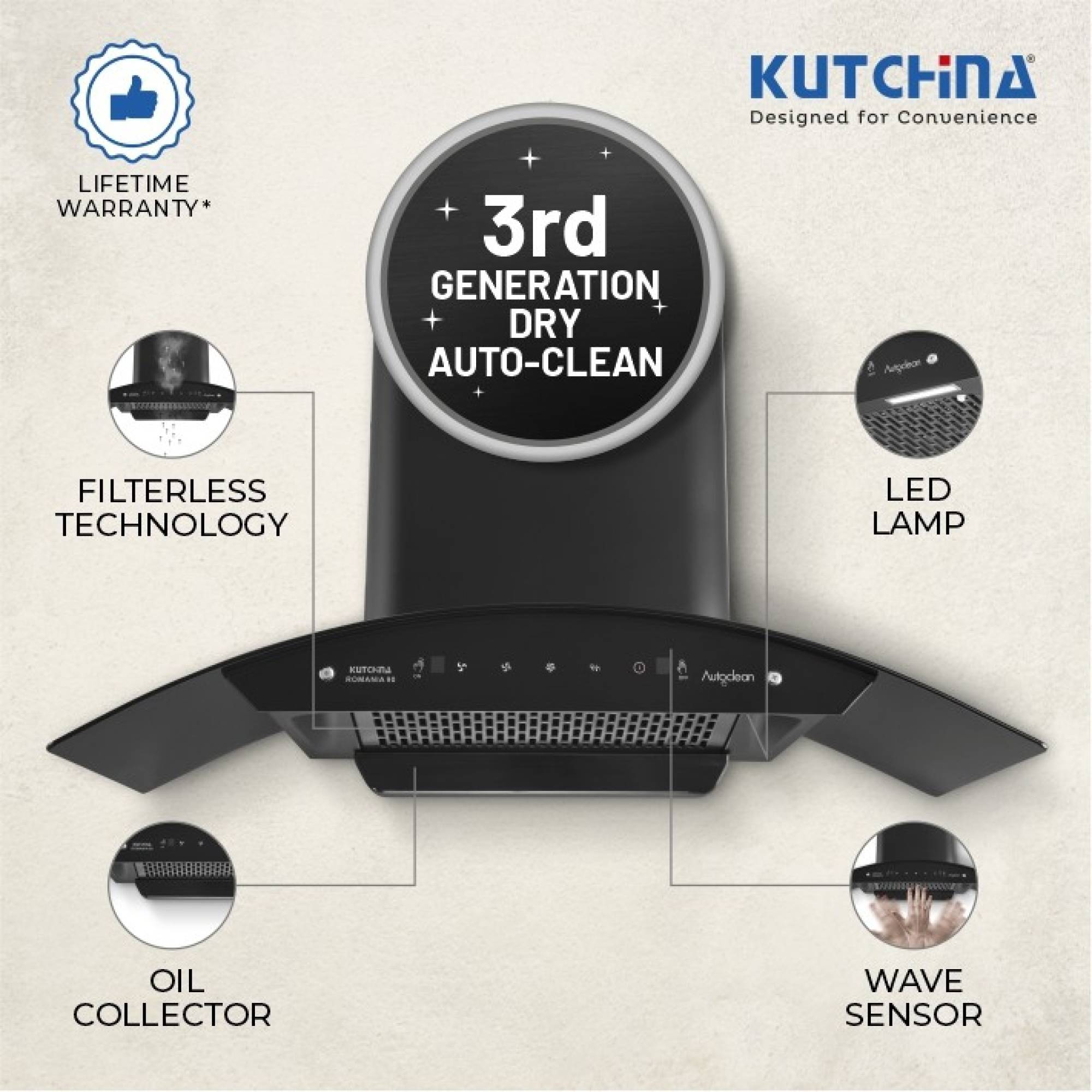 Kutchina Romania 90cm 1250m3/hr Ducted Auto Clean Wall Mounted Chimney with Wave Sensor (Black) Kutchina Romania 90cm 1250m3/hr Ducted Auto Clean Wall Mounted Chimney with Wave Sensor (Black)_6