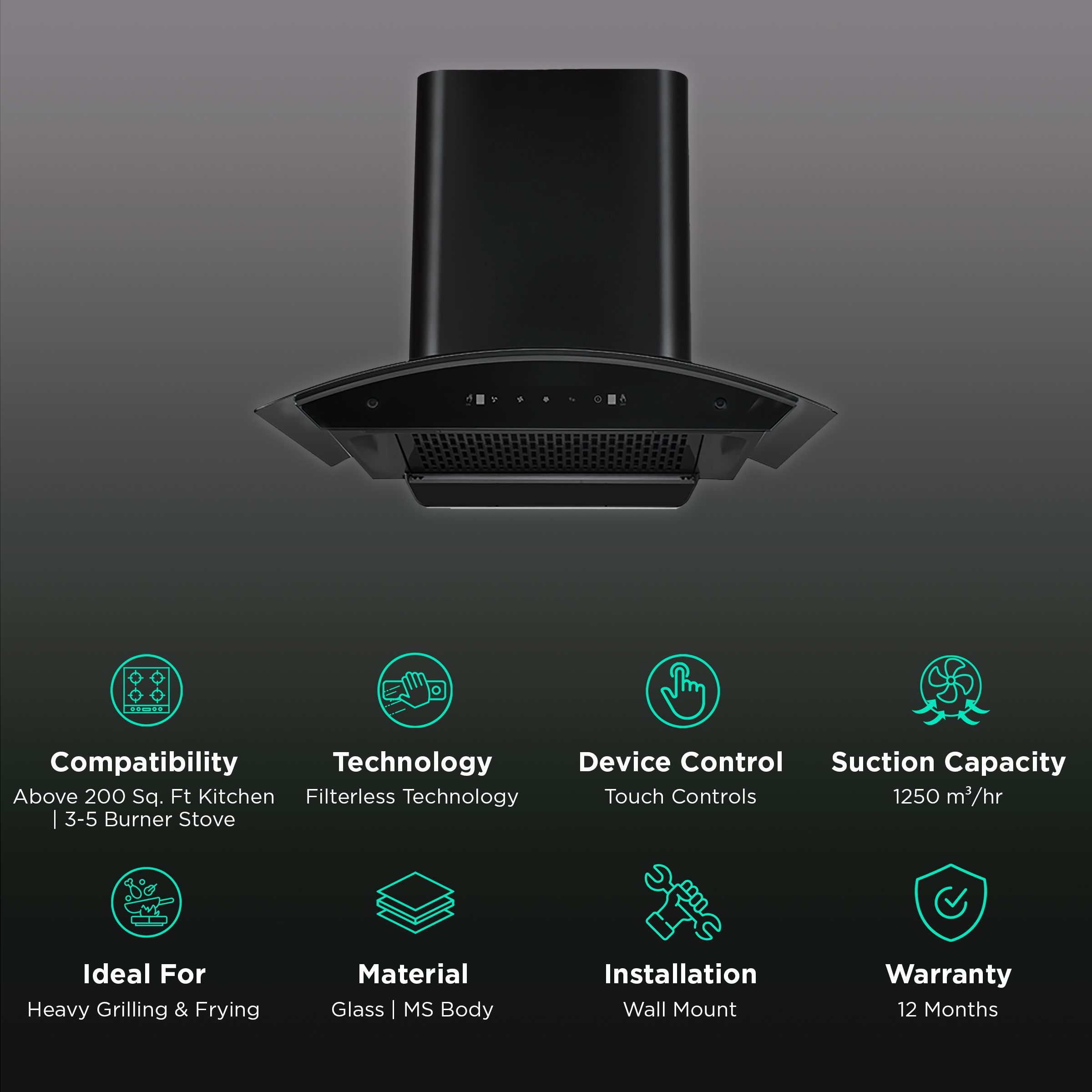 Kutchina Romania 90cm 1250m3/hr Ducted Auto Clean Wall Mounted Chimney with Wave Sensor (Black) Kutchina Romania 90cm 1250m3/hr Ducted Auto Clean Wall Mounted Chimney with Wave Sensor (Black)_3