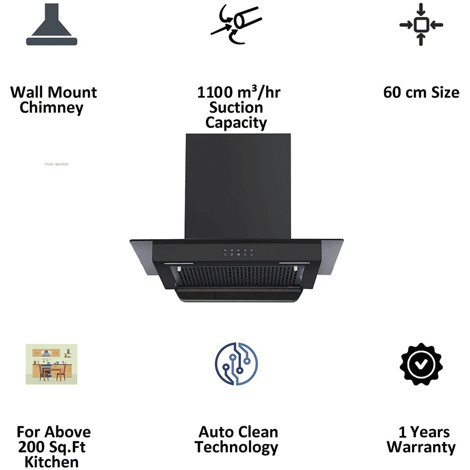 Kutchina Energia 60cm 1150m3/hr Ducted Auto Clean Wall Mounted Chimney with Push Button Switch (Black) Kutchina Energia 60cm 1150m3/hr Ducted Auto Clean Wall Mounted Chimney with Push Button Switch (Black)_5