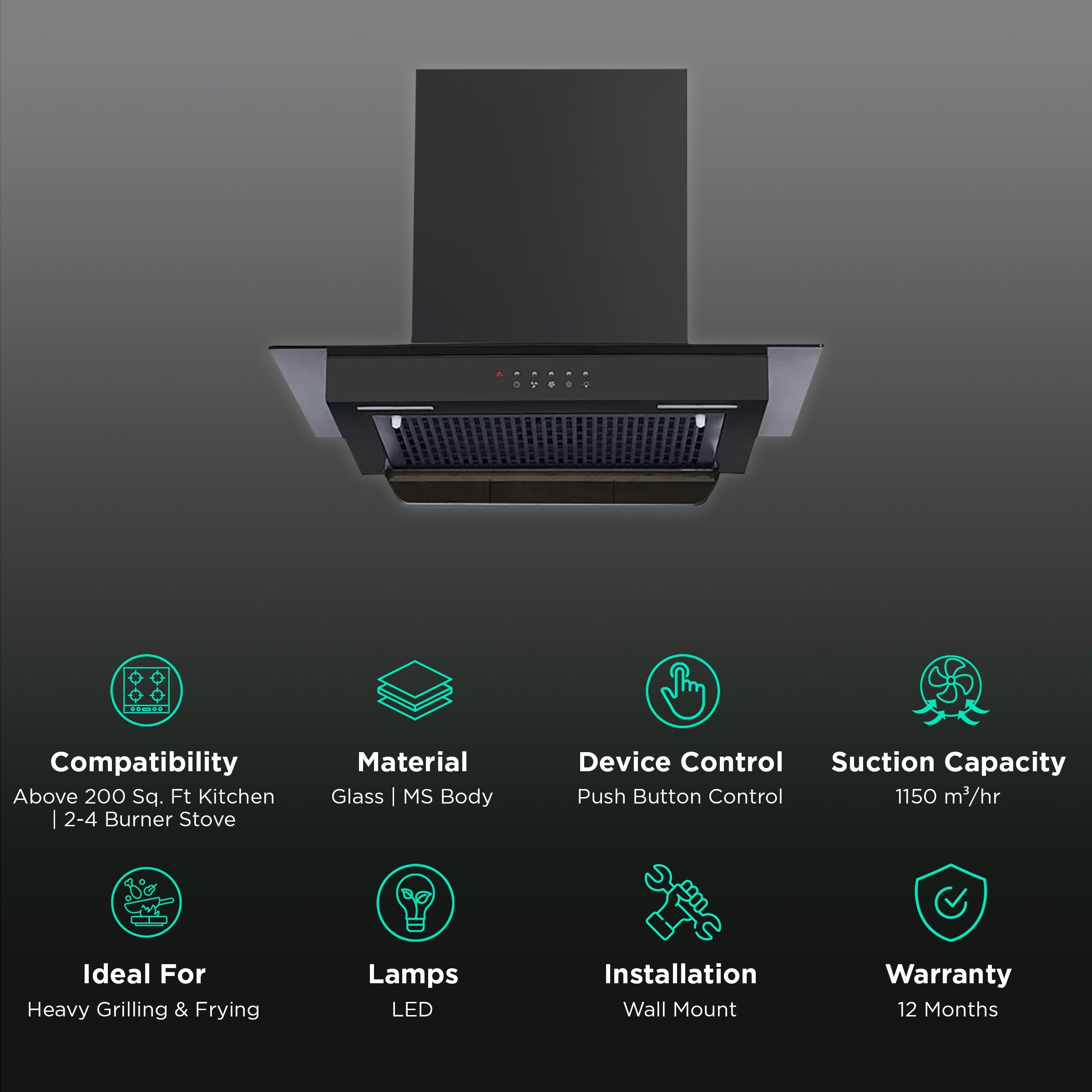 Kutchina Energia 60cm 1150m3/hr Ducted Auto Clean Wall Mounted Chimney with Push Button Switch (Black) Kutchina Energia 60cm 1150m3/hr Ducted Auto Clean Wall Mounted Chimney with Push Button Switch (Black)_3