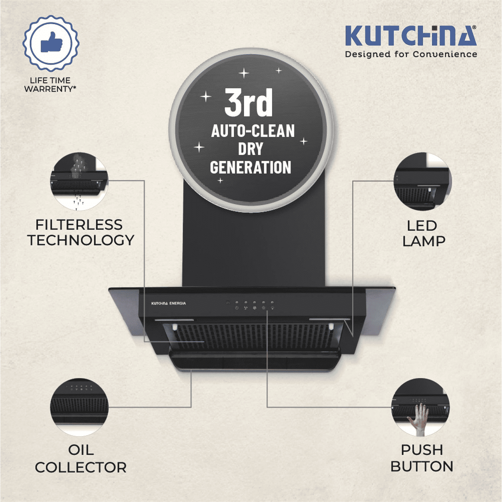 Kutchina Energia 60cm 1150m3/hr Ducted Auto Clean Wall Mounted Chimney with Push Button Switch (Black) Kutchina Energia 60cm 1150m3/hr Ducted Auto Clean Wall Mounted Chimney with Push Button Switch (Black)_4