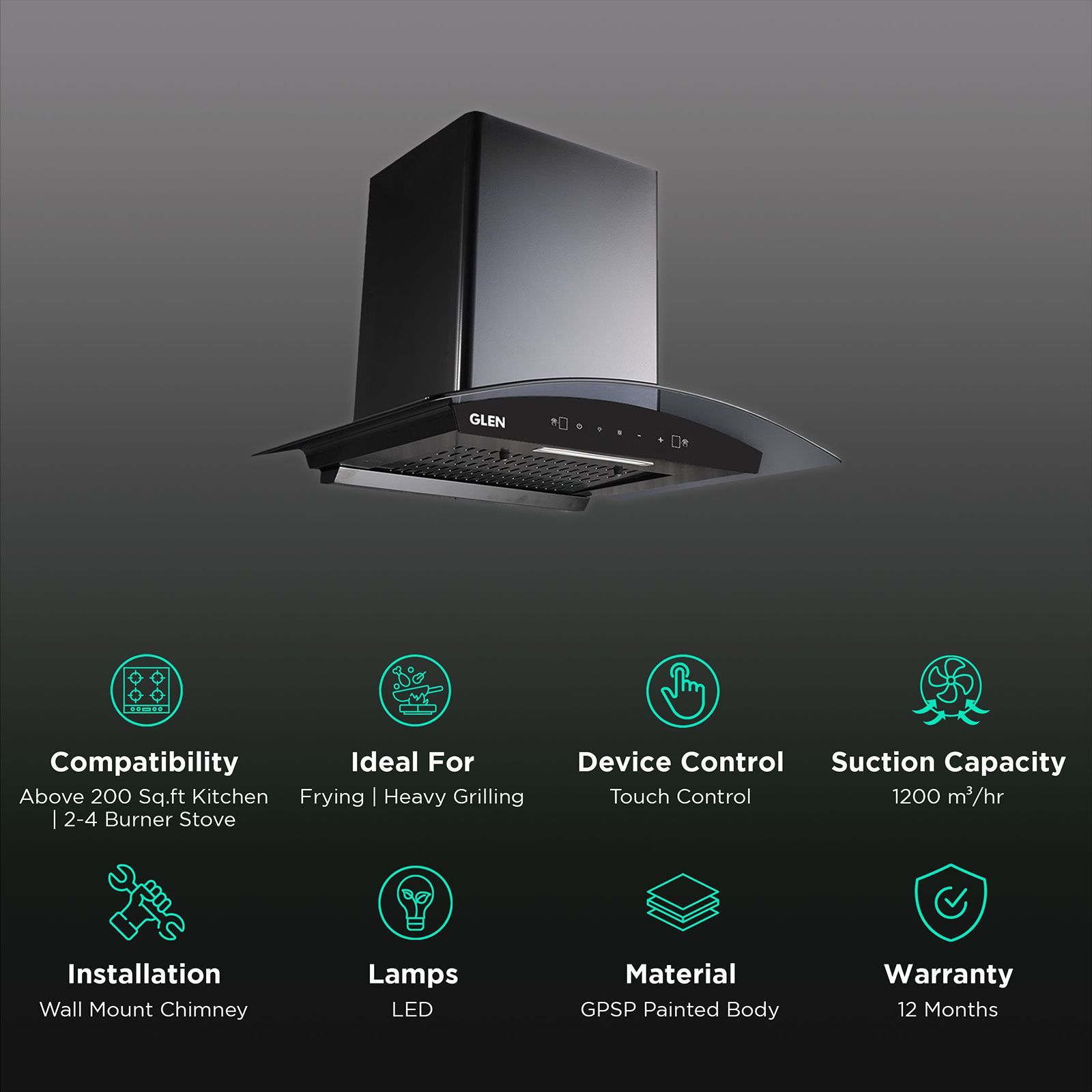 GLEN 6060 BL 60cm 1200m3/hr Ducted Auto Clean Wall Mounted Chimney with Touch Control Panel (Black)_3