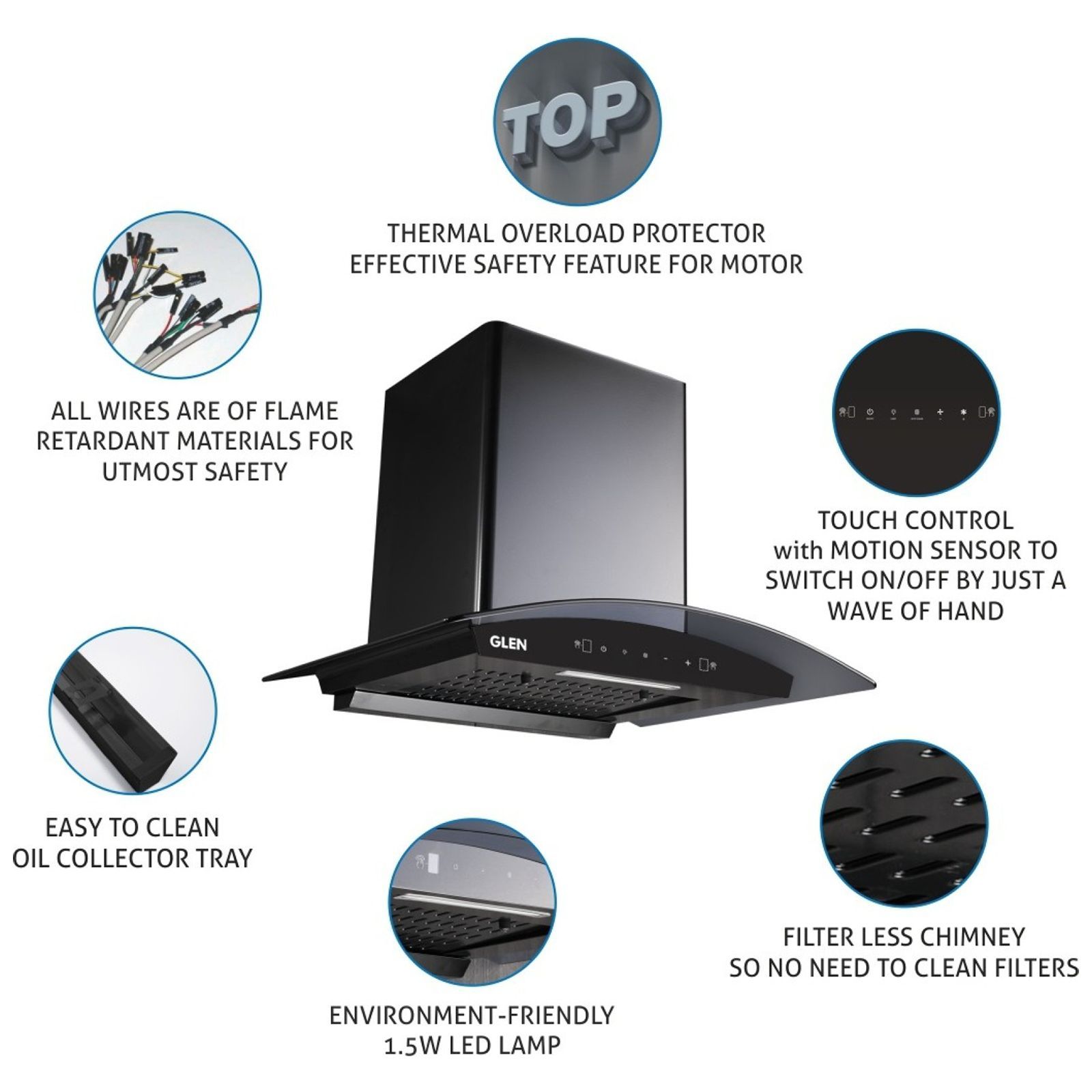 GLEN 6060 BL 60cm 1200m3/hr Ducted Auto Clean Wall Mounted Chimney with Touch Control Panel (Black)_7