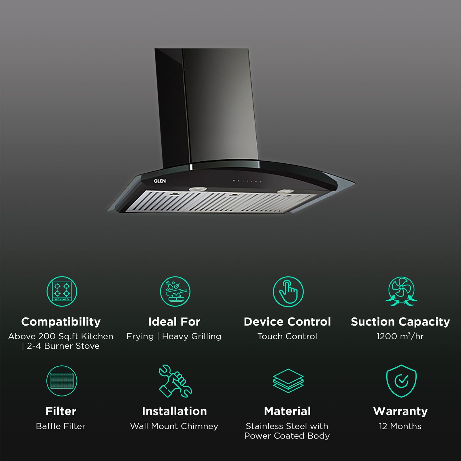GLEN 6066 MS 60cm 1200m3/hr Ductless Auto Clean Wall Mounted Chimney with Touch Control Panel (Black)_3