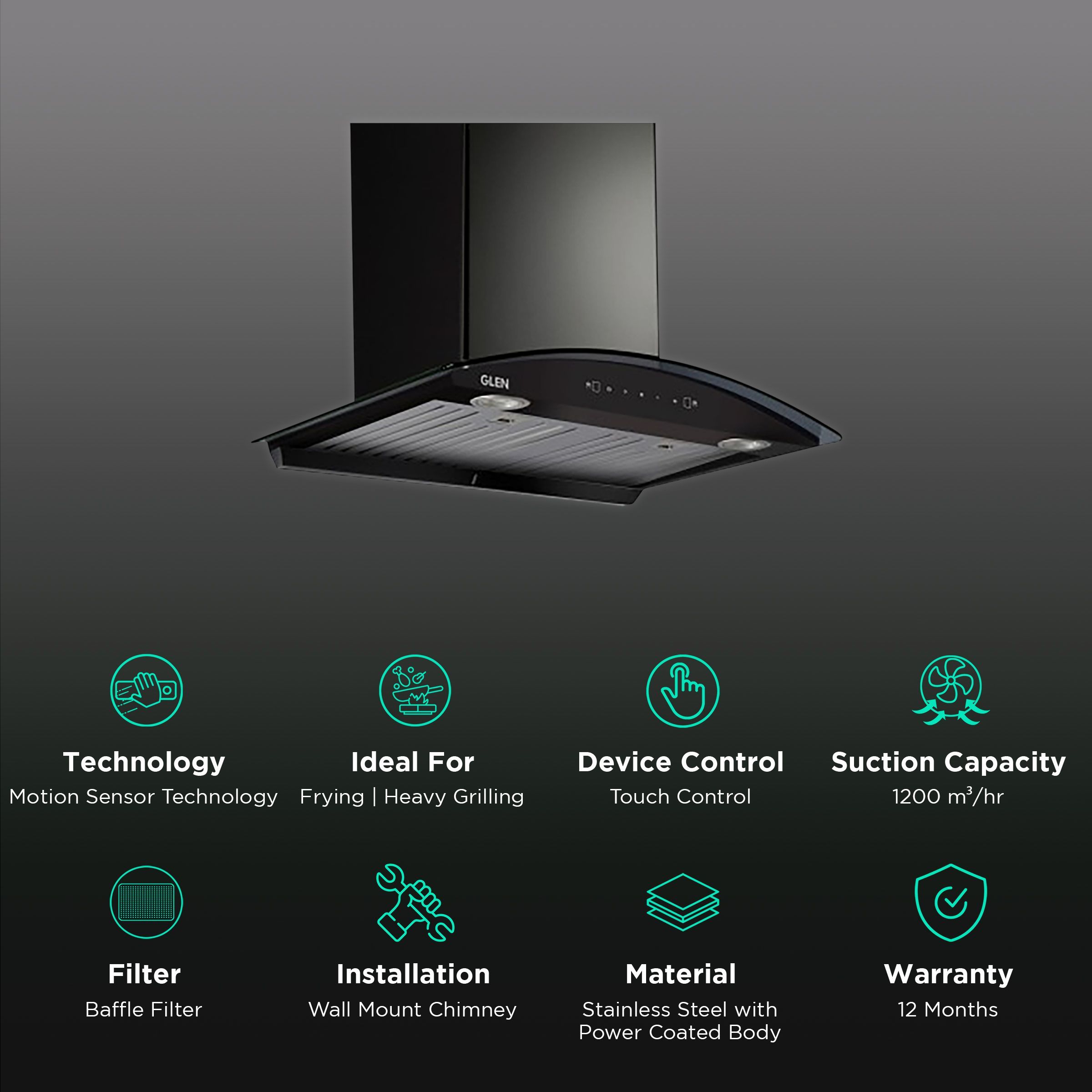 GLEN 6066 BL MS 76cm 1200m3/hr Ductless Auto Clean Wall Mounted Chimney with Touch Control Panel (Black)_3