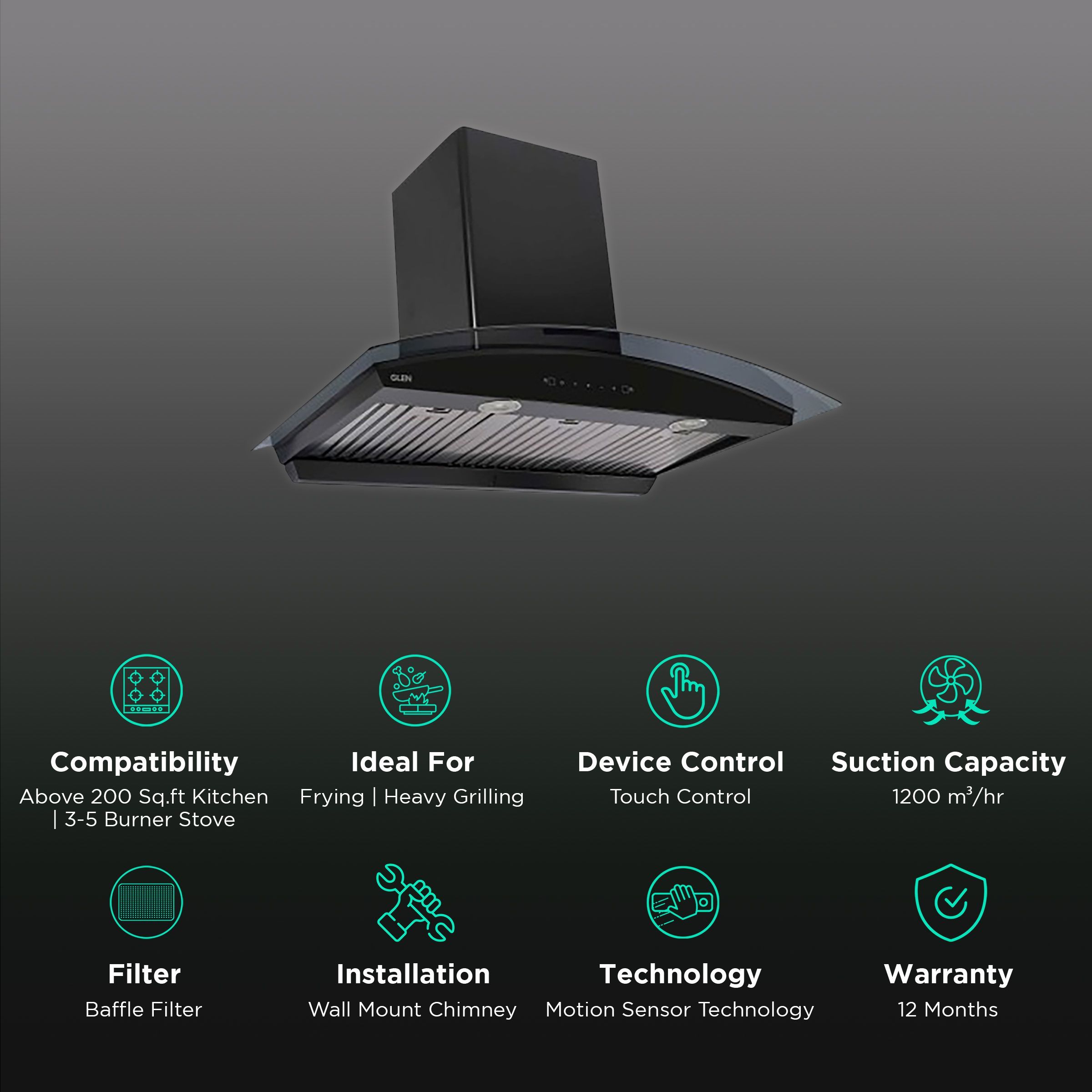 GLEN 6066 BL MS 90cm 1200m3/hr Ducted Wall Mounted Chimney with Touch Control Panel (Grey) GLEN 6066 BL MS 90cm 1200m3/hr Ducted Wall Mounted Chimney with Touch Control Panel (Grey)_3