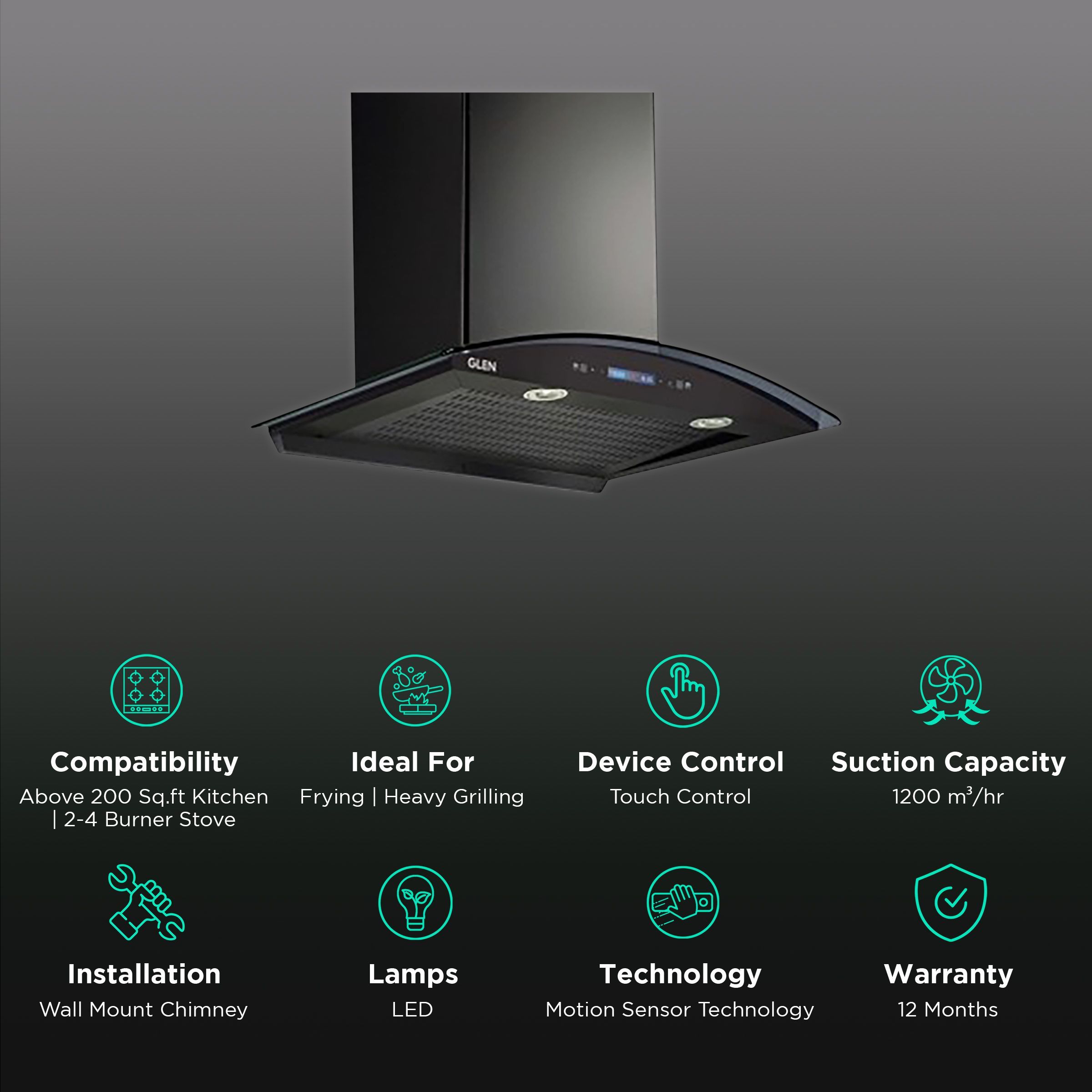 GLEN 6061 BL BLDC MS 60cm 1200m3/hr Ductless Wall Mounted Chimney with Touch Control Panel (Black)_3