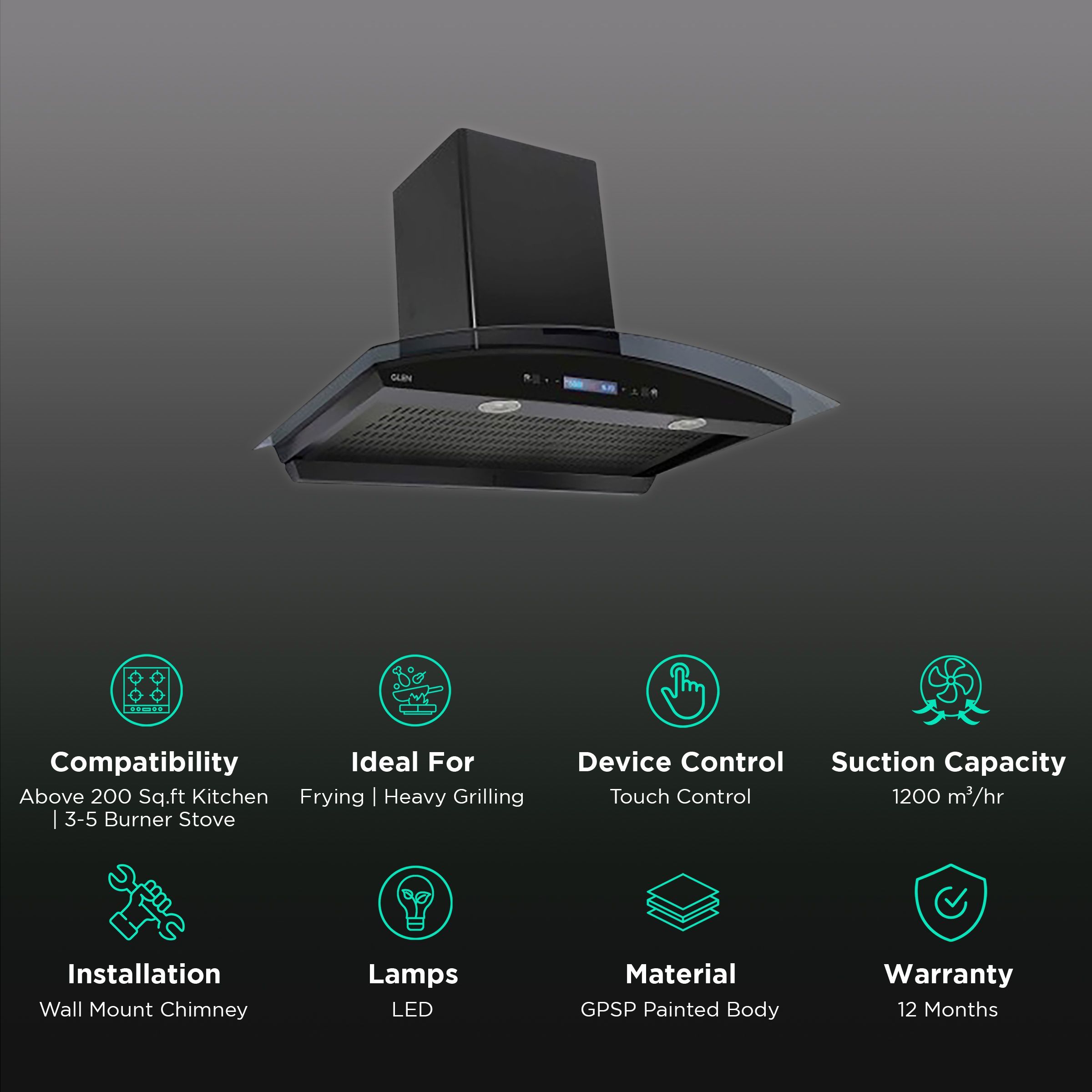 GLEN 6061 BL BLDC MS 90cm 1200m3/hr Ductless Auto Clean Wall Mounted Chimney with Touch Control Panel (Black)_3