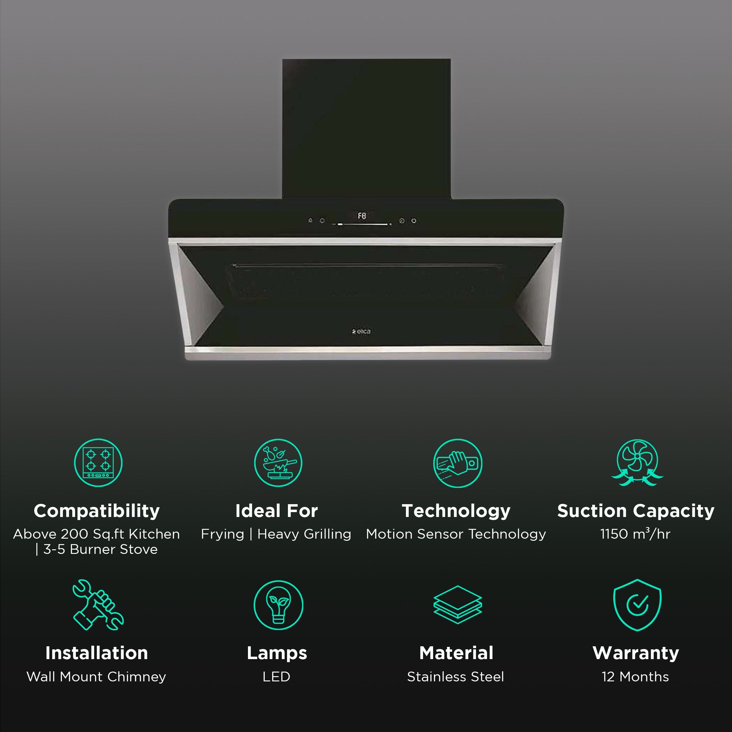 elica EFL S 903 V8PS PLUS 90cm 1150m3/hr Ducted Auto Clean Wall Mounted Chimney with Motion Sensor Controls (Black)_3