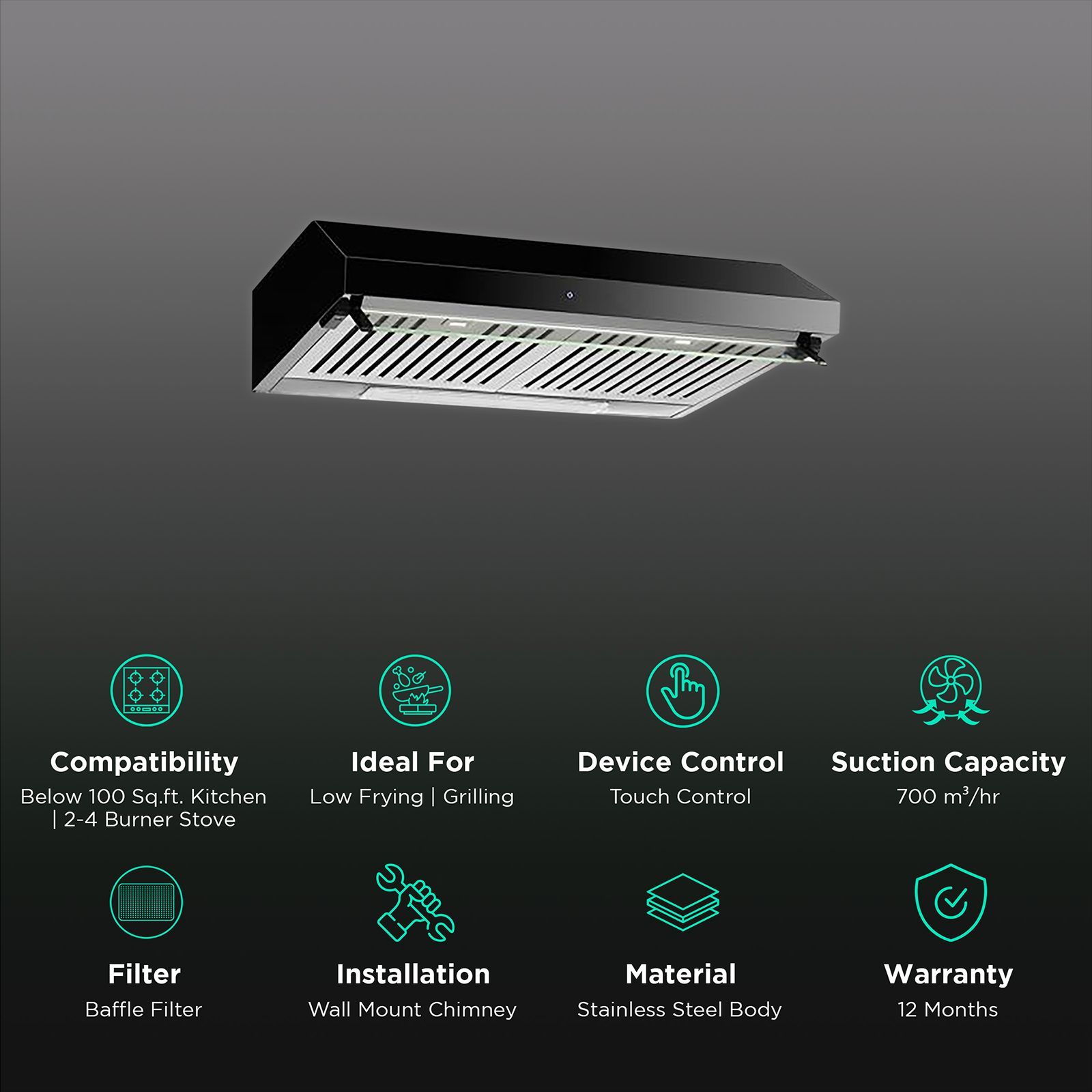 FABER RUBY XL TC BK 60cm 700m3/hr Ducted Wall Mounted Chimney with Touch Control Panel (Black)_3