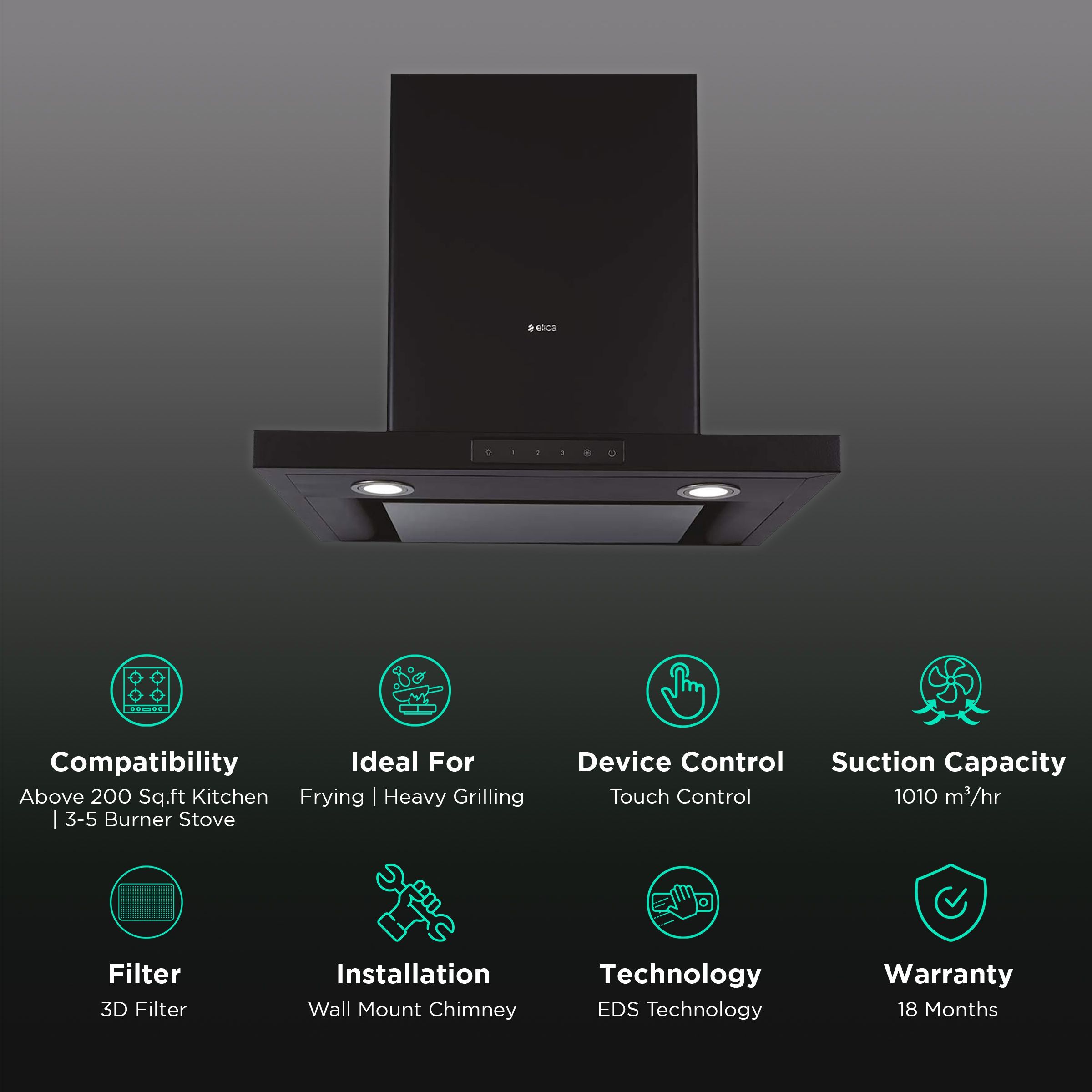 elica SPOT H4 EDS HE LTW 90 NERO T4V LED 90cm 1010m3/hr Ducted Wall Mounted Chimney with Touch Control (Black)_3