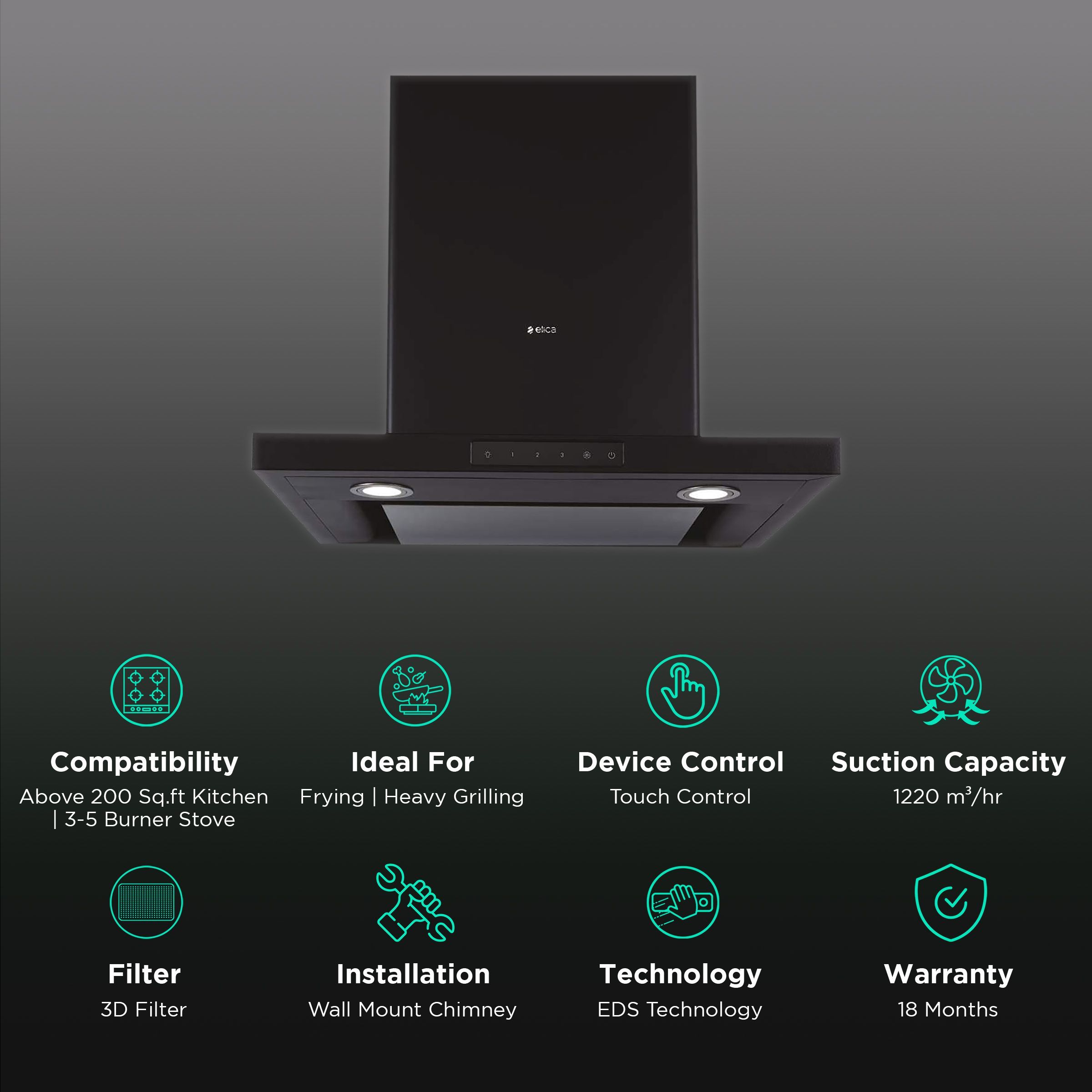 elica SPOT H4 EDS PLUS HE LTW 90 NERO T4V LED 90cm 1220m3/hr Ducted Wall Mounted Chimney with Touch Control (Black)_3