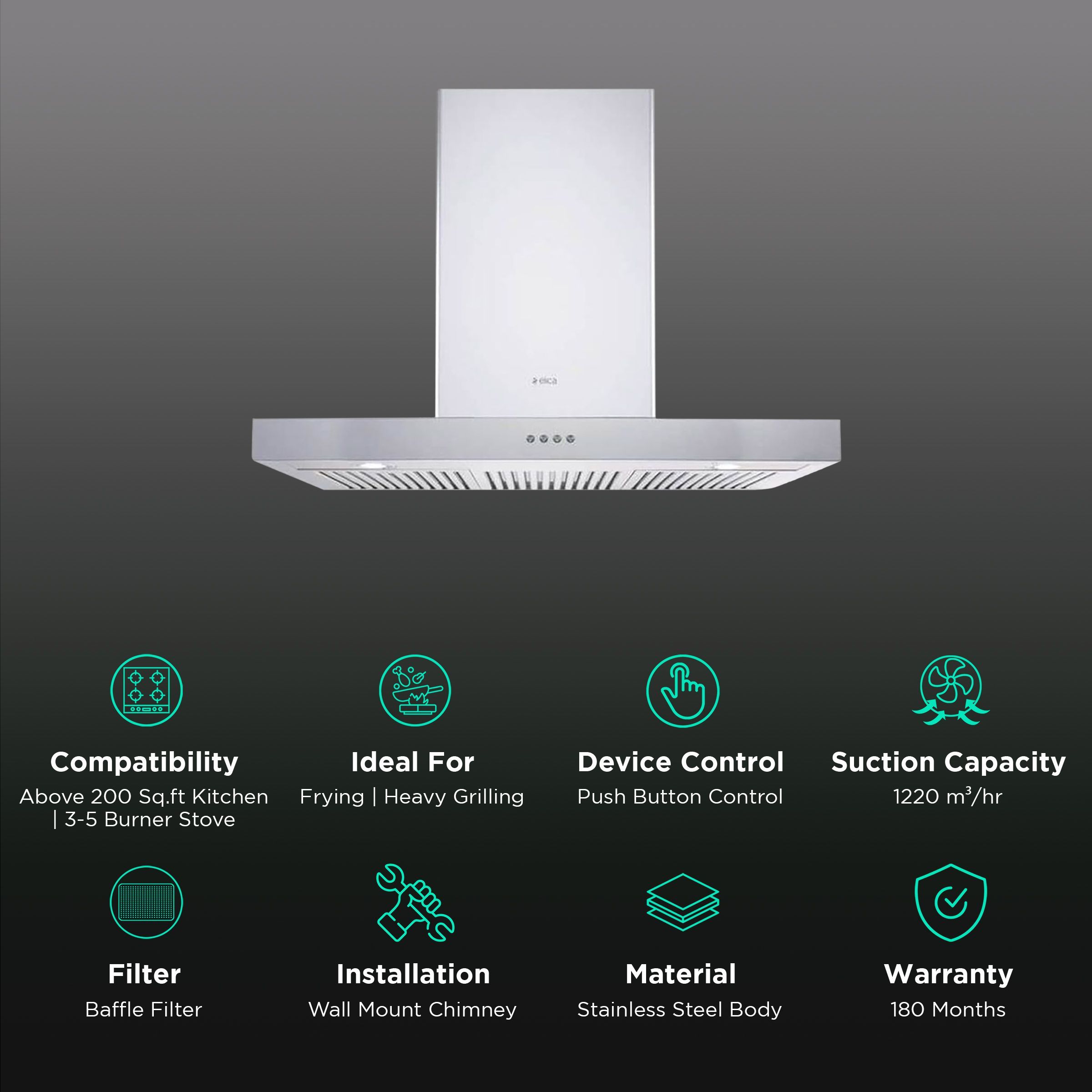 elica SPOT NG ISLAND ETB PLUS LTW 90 PB LED 90cm 1220m3/hr Ducted Wall Mounted Chimney with Push Button Control (Silver)_3