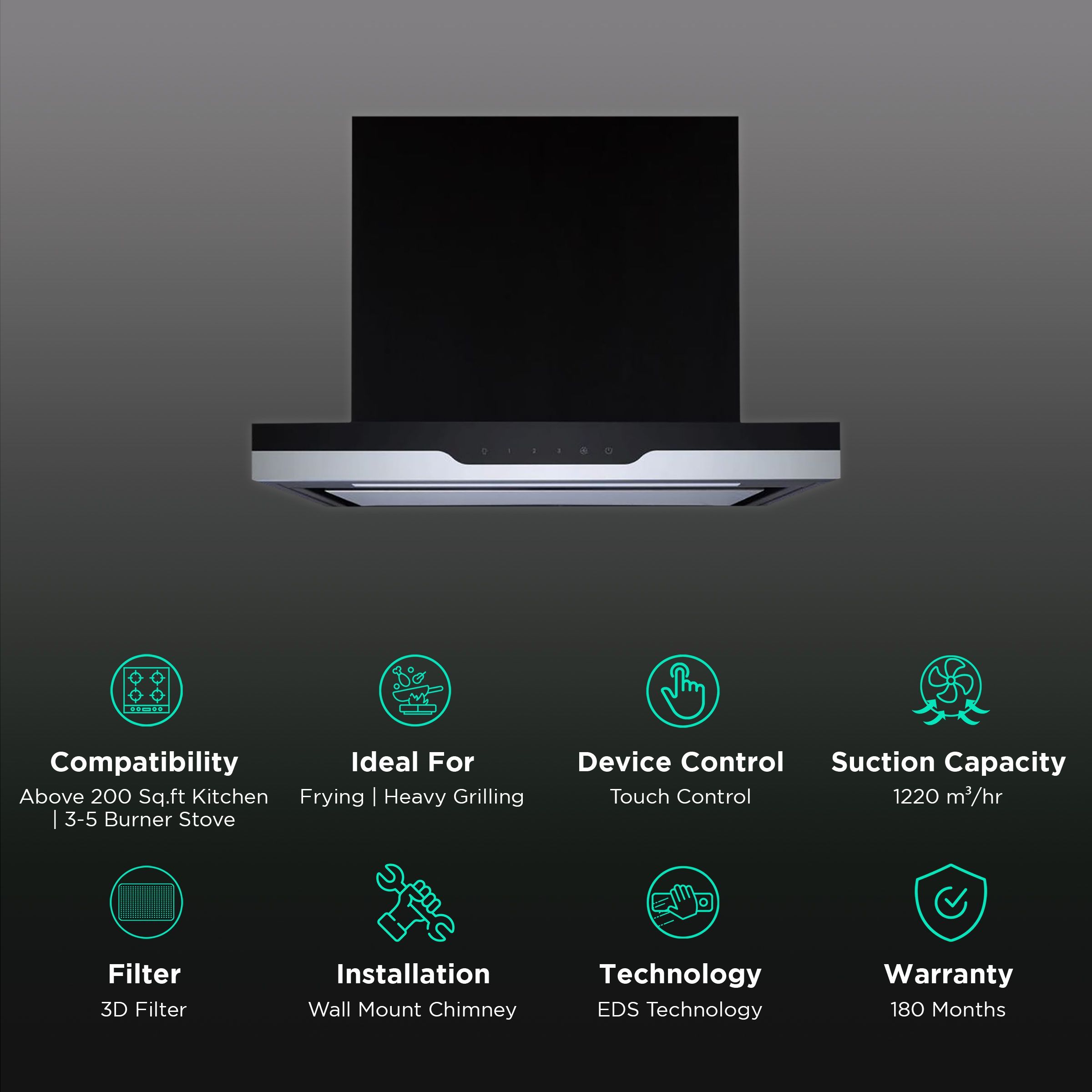 elica METEORITE UC35 EDS PLUS 90 NERO T4V LED S 90cm 1220m3/hr Ducted Wall Mounted Chimney with Touch Control Panel (Black)_3