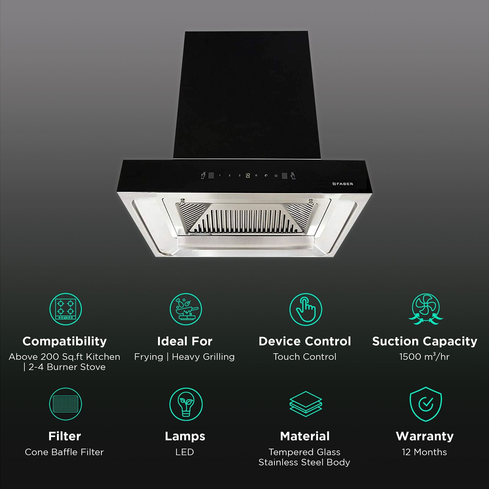FABER JUPITER PLUS HC SC BK 60cm 1500m3/hr Ducted Auto Clean Wall Mounted Chimney with Touch Control Panel (Black)_3