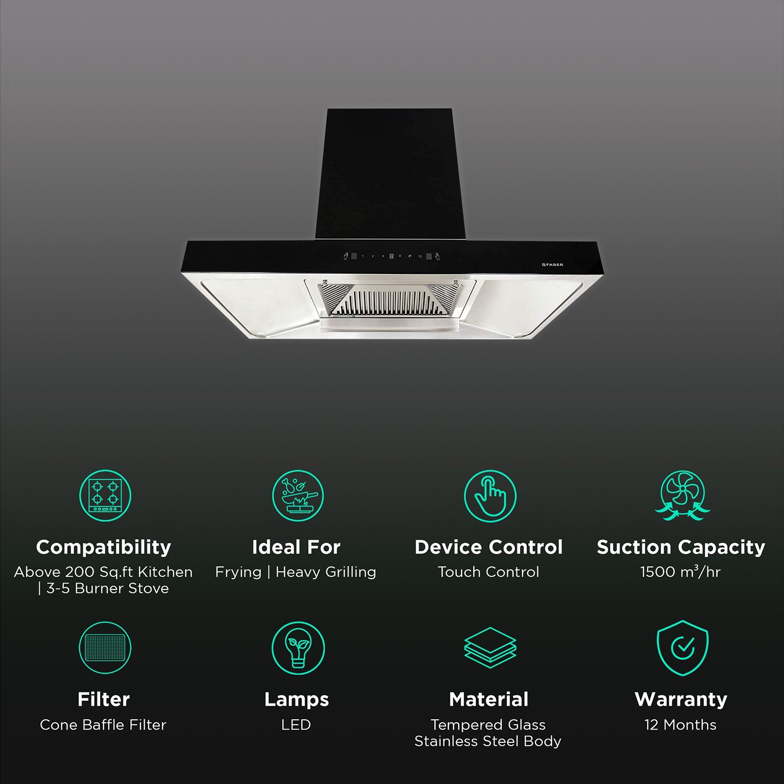 FABER JUPITER PLUS HC SC BK 90cm 1500m3/hr Ducted Auto Clean Wall Mounted Chimney with Touch Control Panel (Black)_3